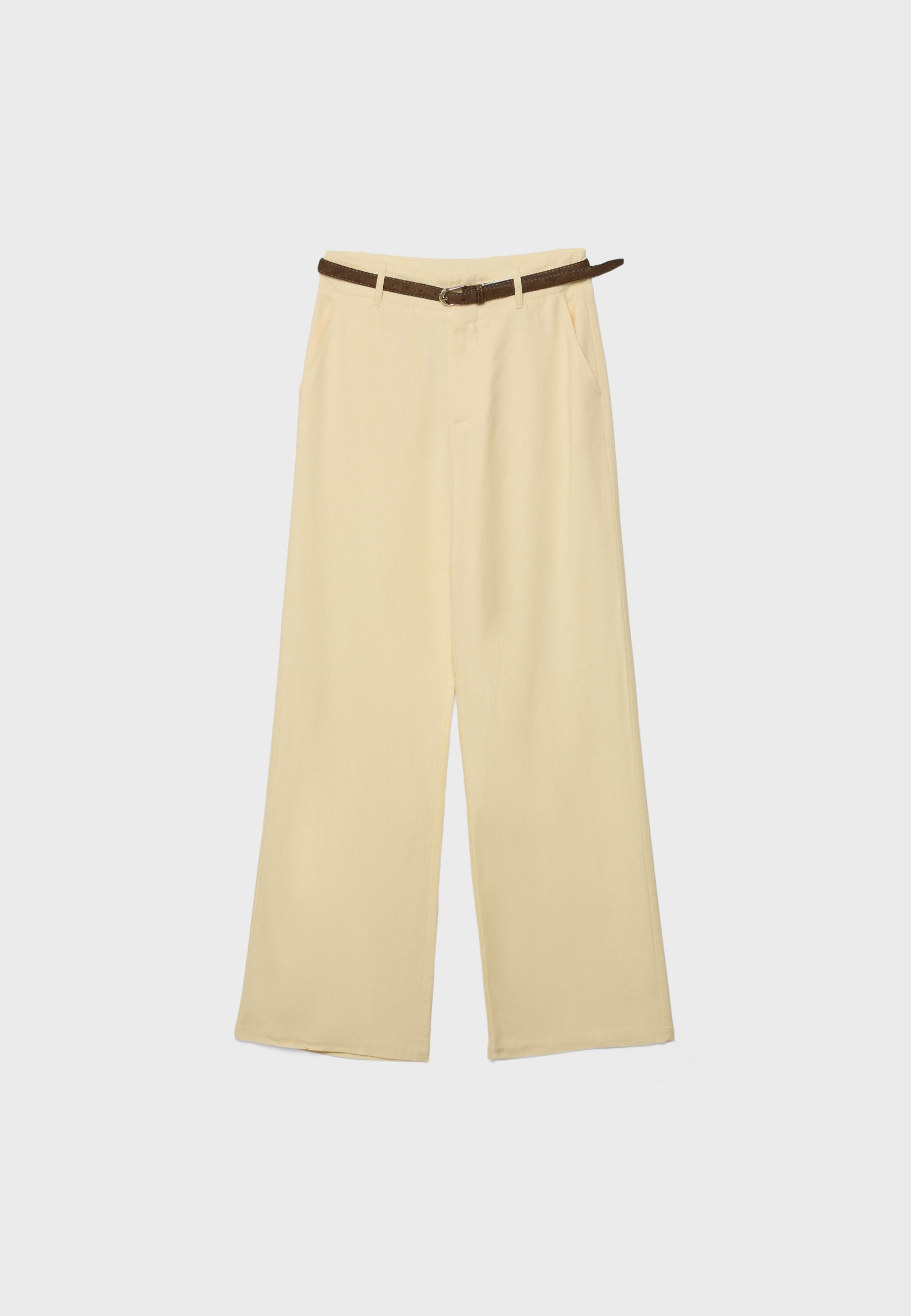 Straight-leg linen-effect trousers with belt — Pale yellow
