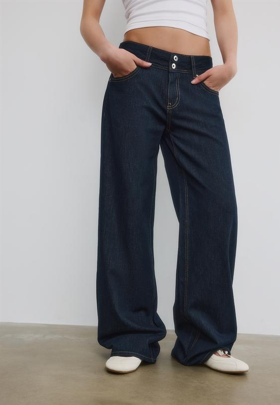 Stradivarius Low-Waist Double-Button Jeans Rinse Blue Denim 6