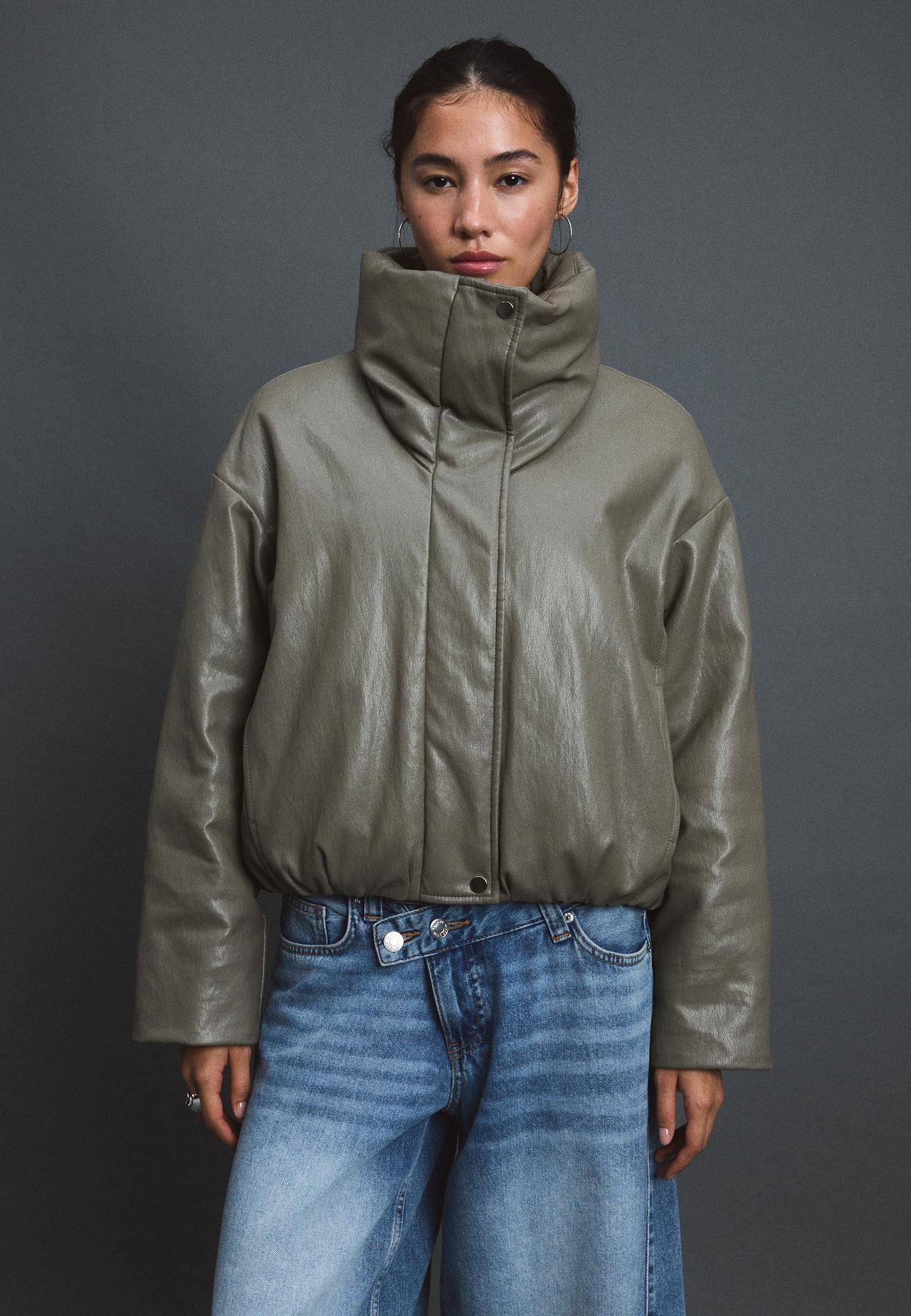 Leather effect high neck puffer jacket — Grey
