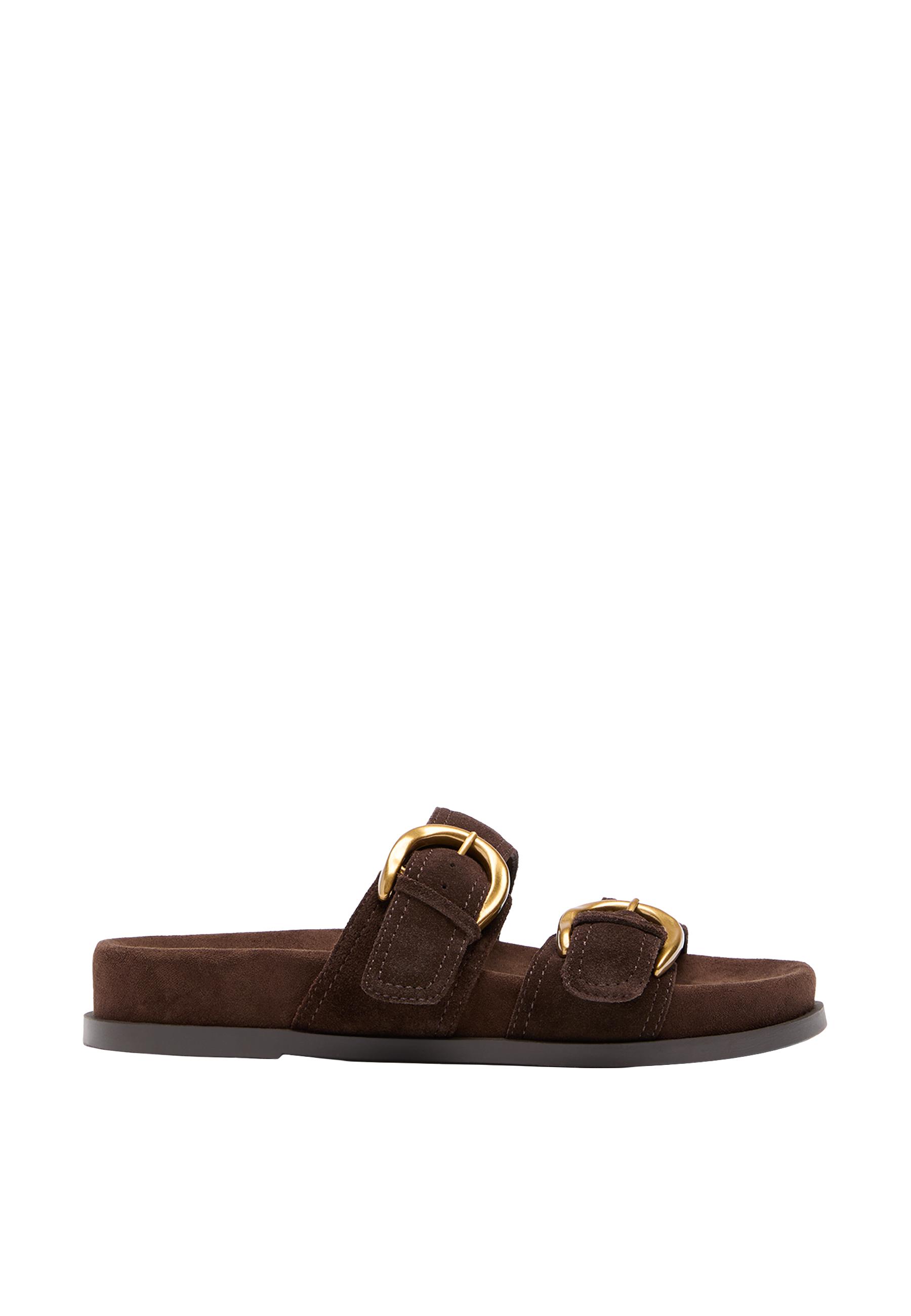 Flat leather buckle sandals — BROWN