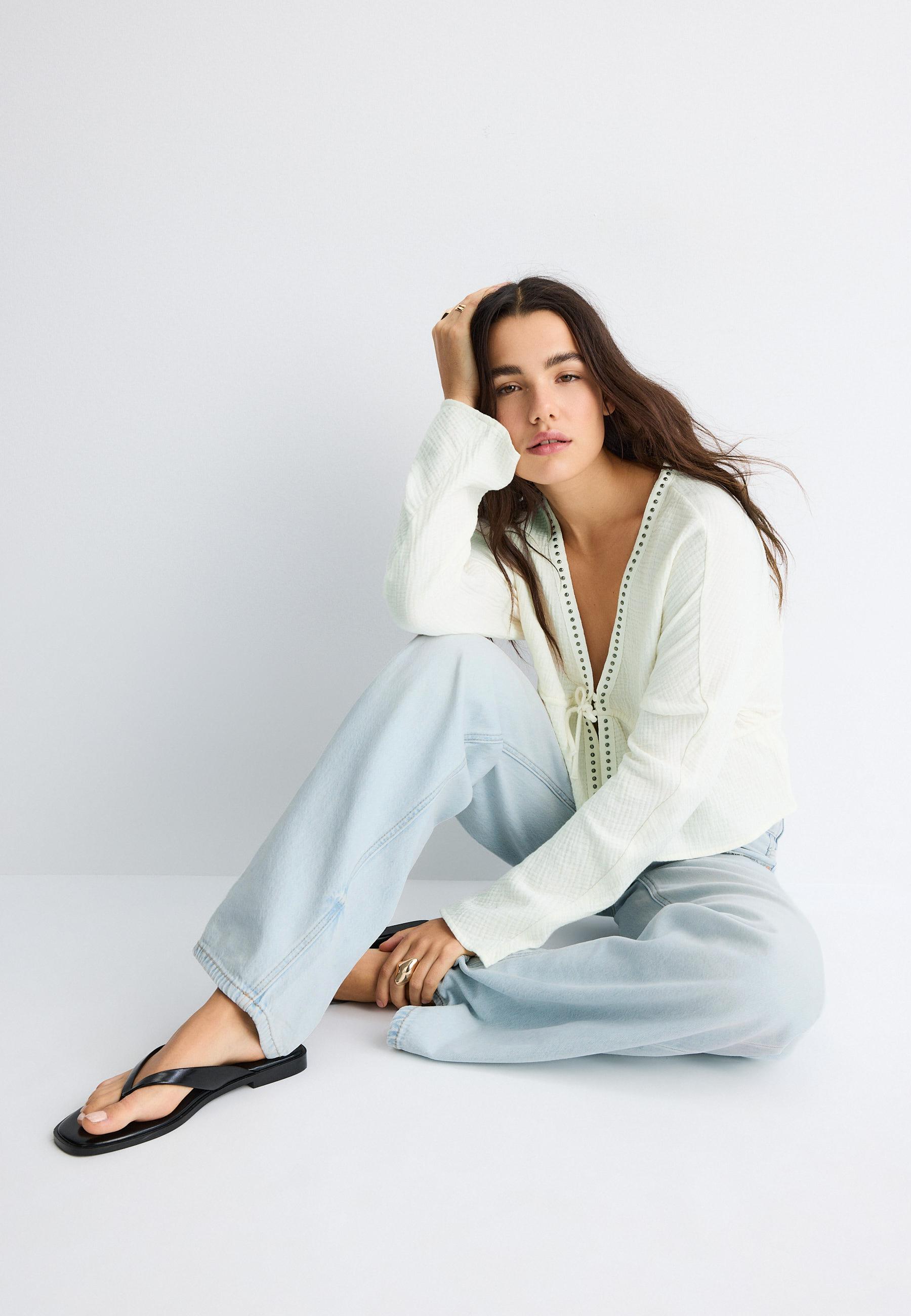 Open studded shirt — Ecru