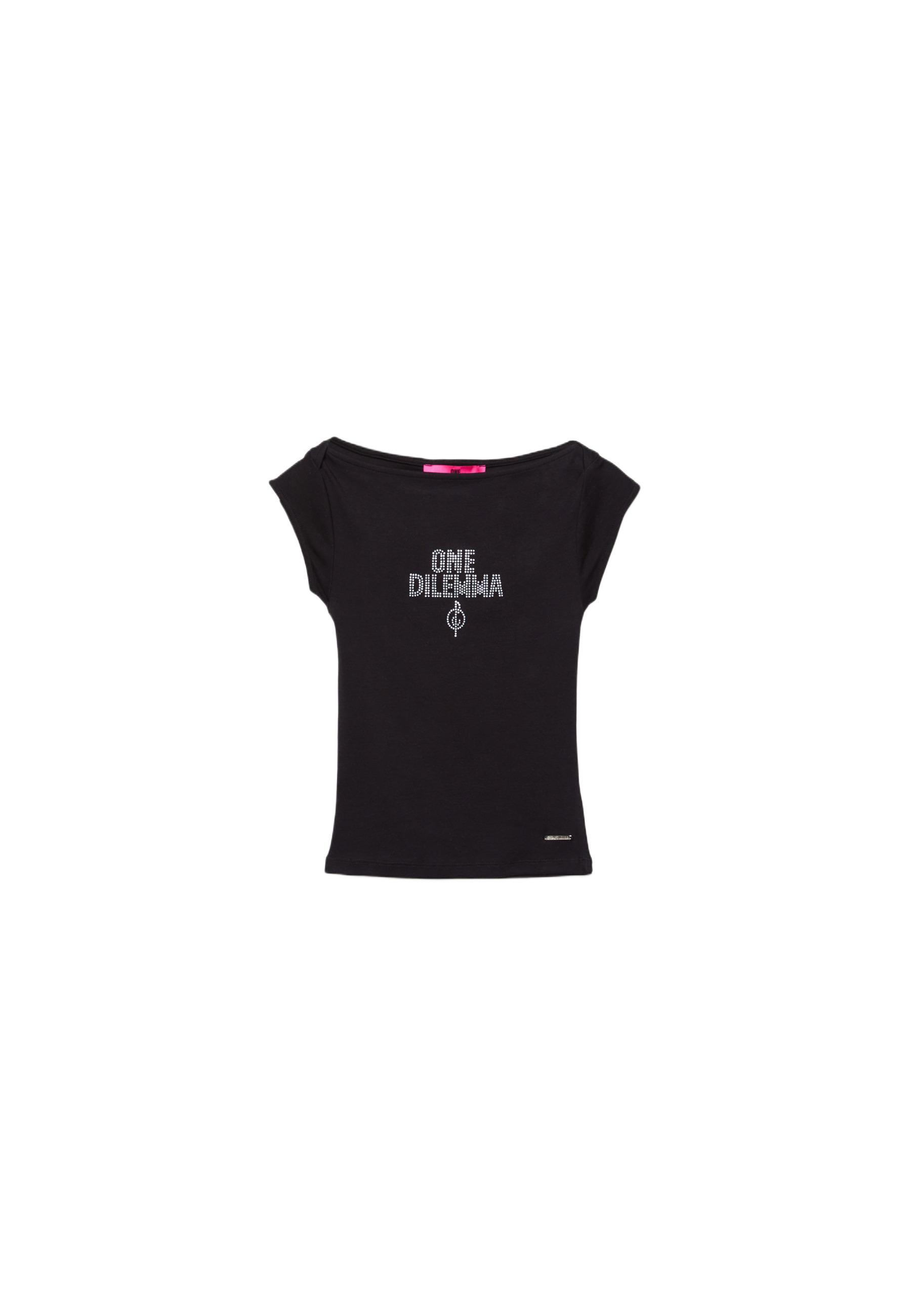 Boat neck short sleeve T-shirt with rhinestones One Dilemma — Black