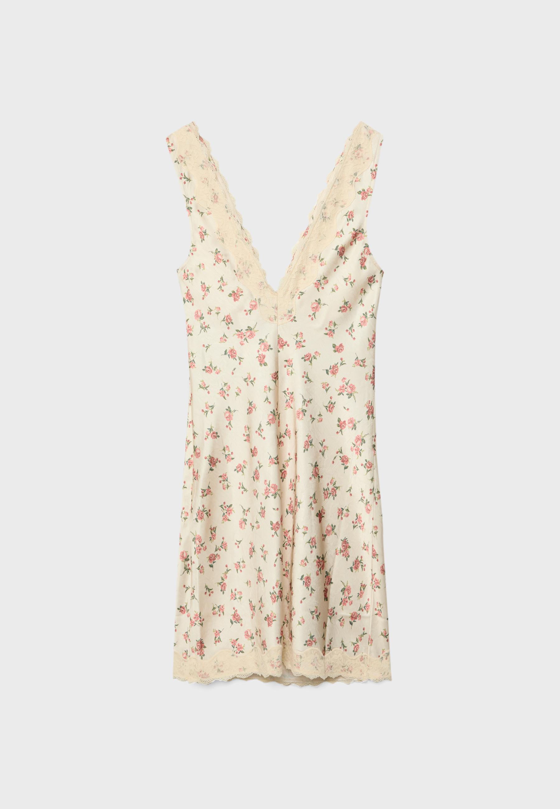 Short sateen lace dress — Ecru