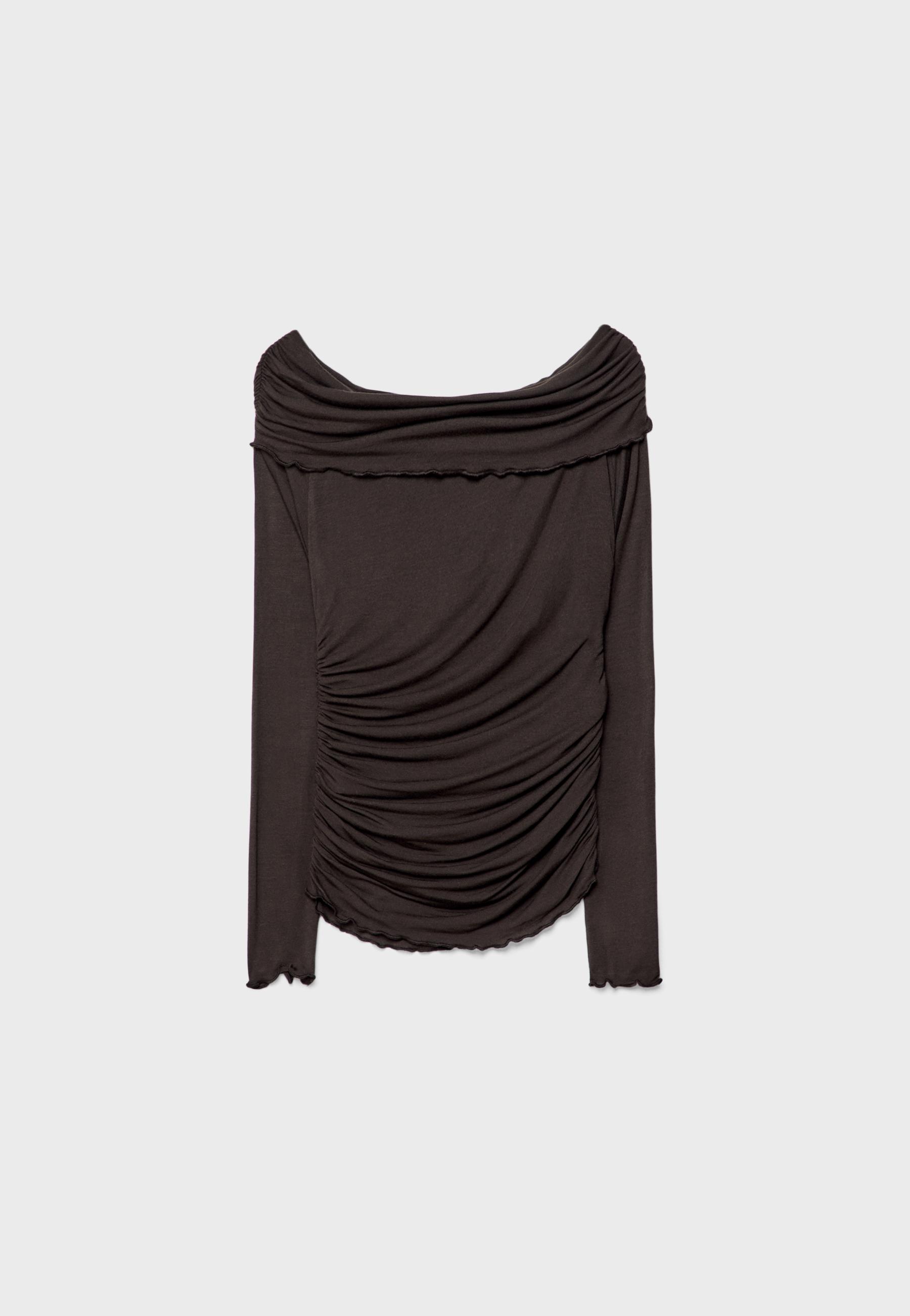 Gathered Off-the-Shoulder T-Shirt — Brown