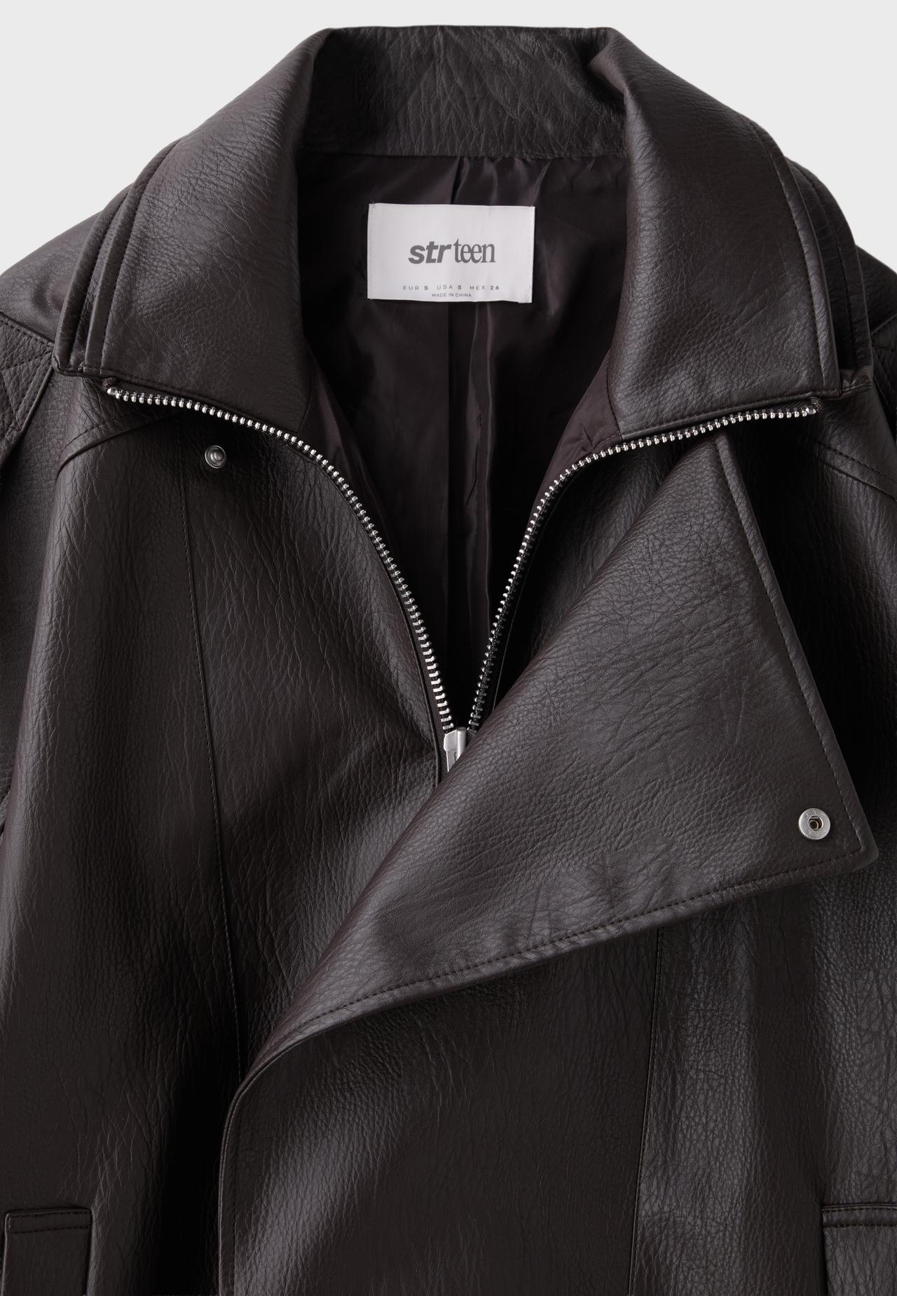 Oversize leather effect jacket with flap — Brown