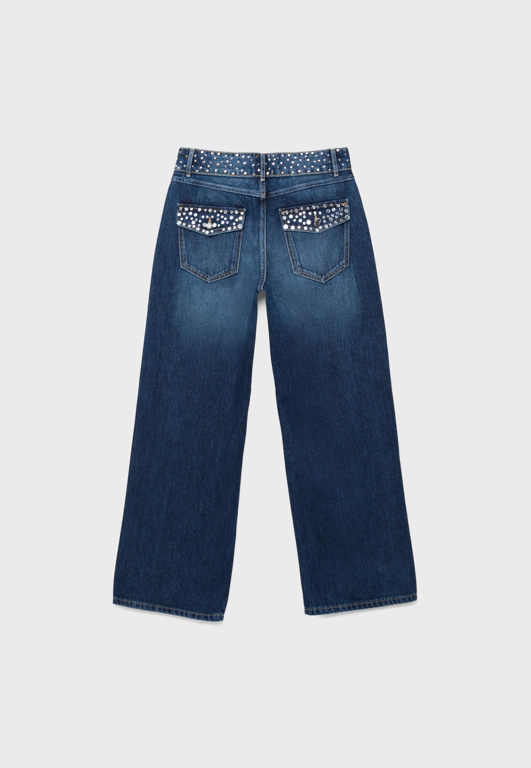 Straight jeans with studded waistband — BLACK DENIM WASHED EFFECT