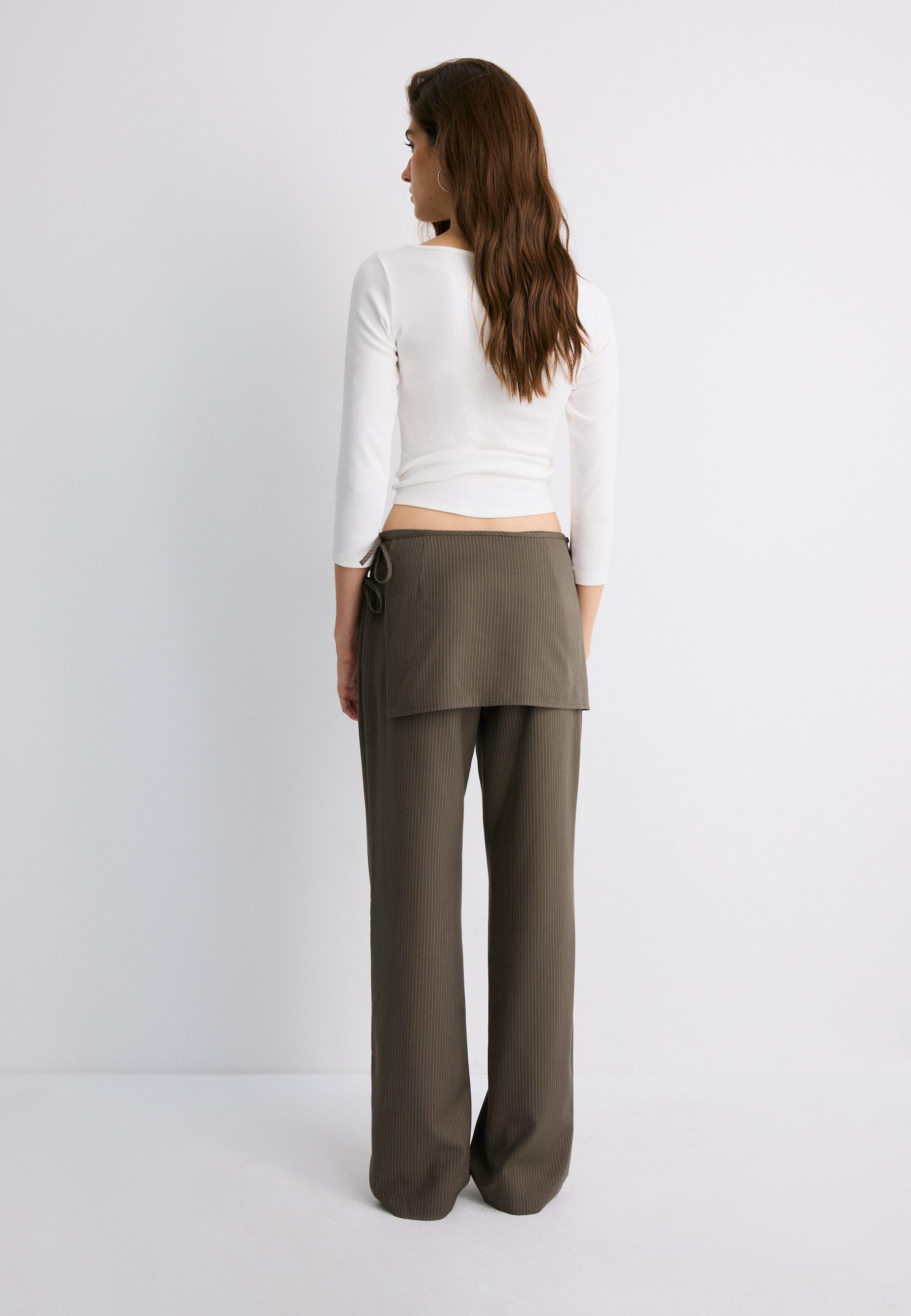 Striped straight-leg trousers with skirt overlay — Khaki