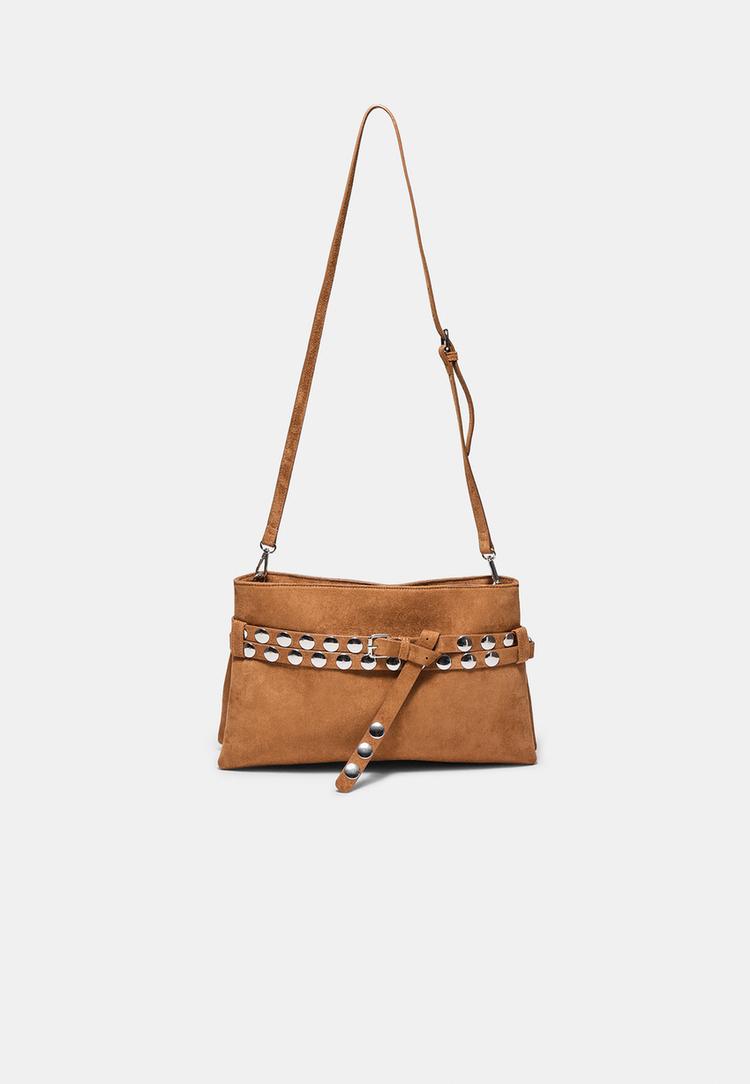 Stradivarius Τσάντα Χιαστί Με Ζώνη Και Τρουκς Καμηλό Ανοιχτό Os