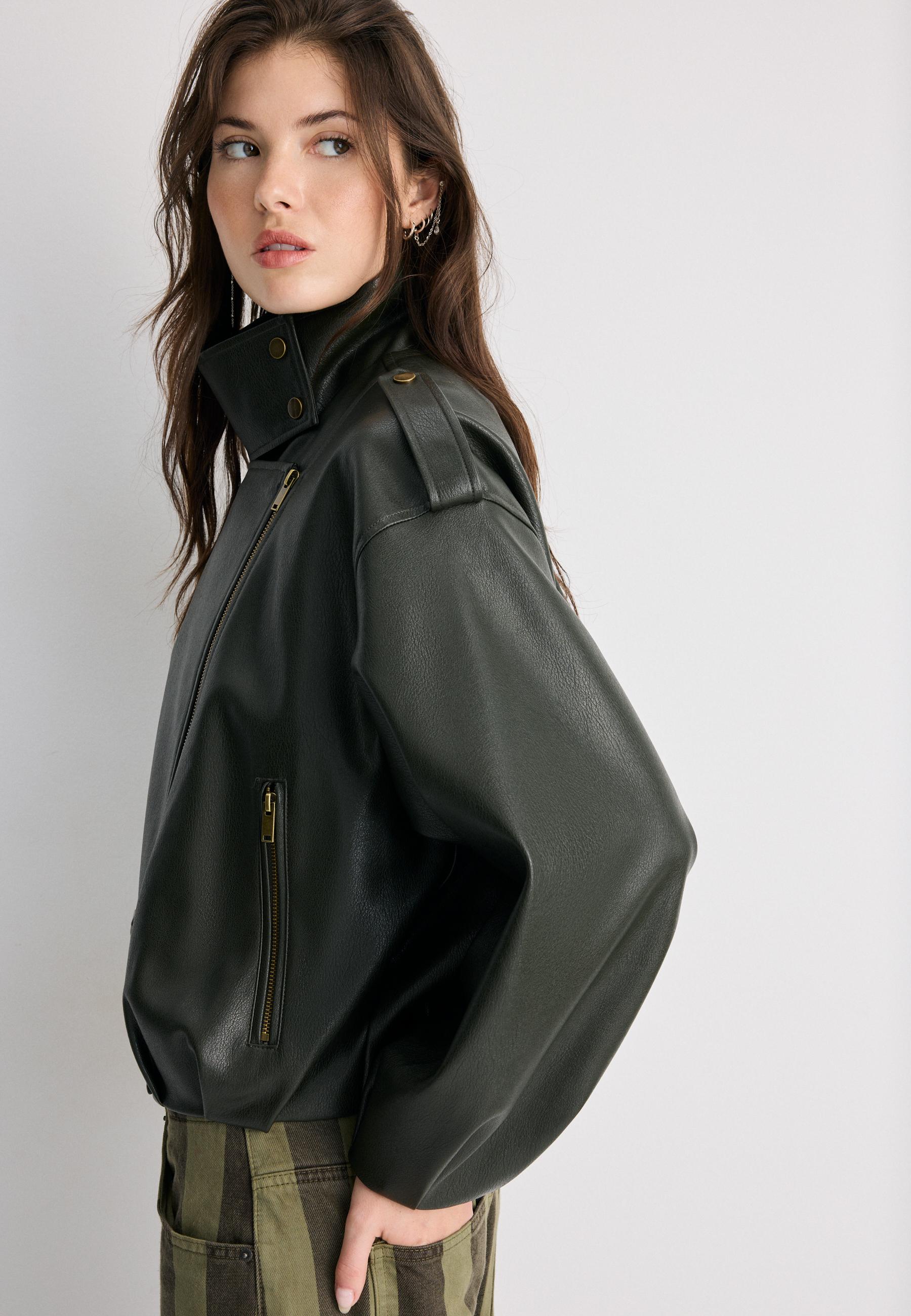 Leather effect balloon sleeve biker jacket — Green