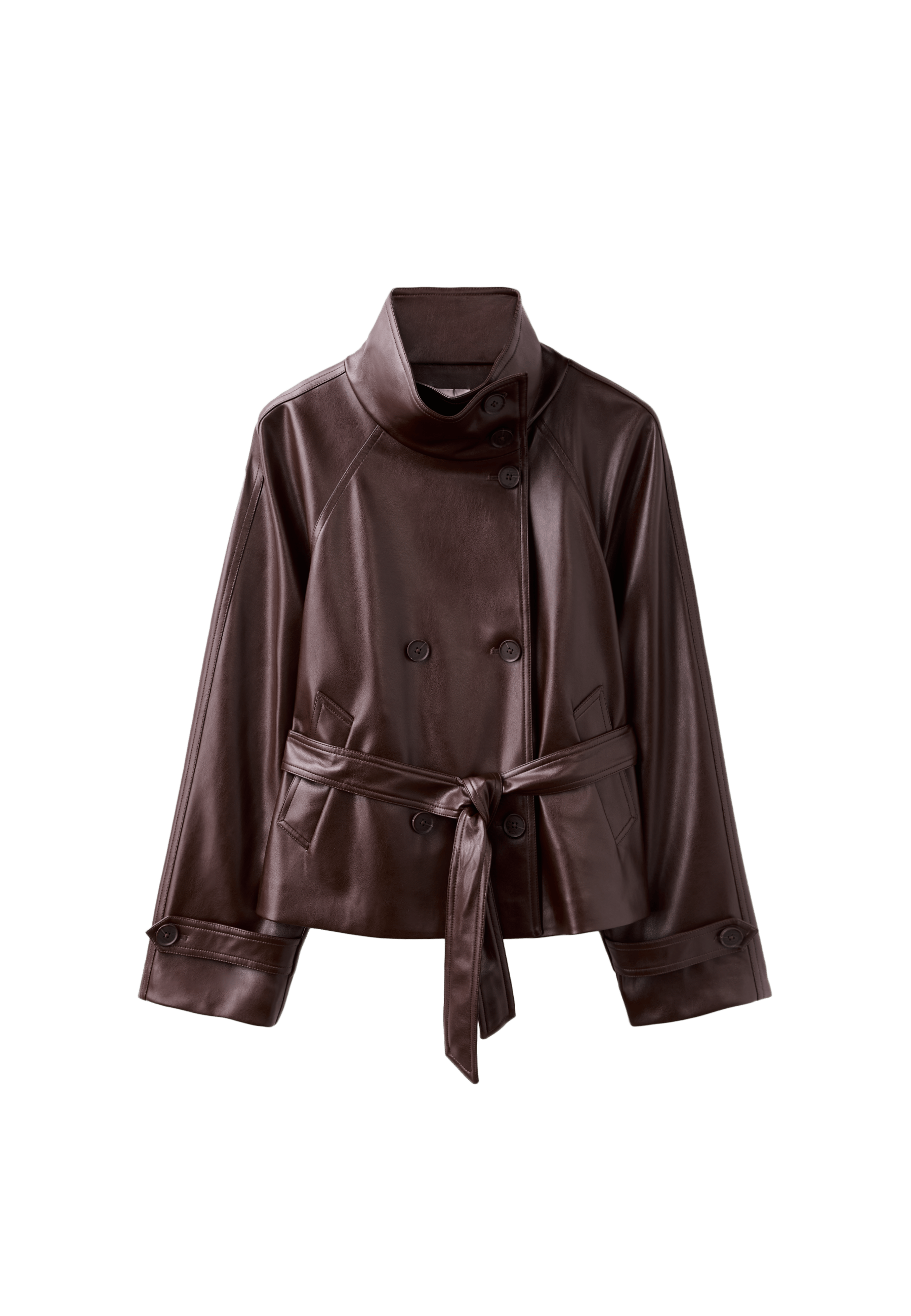 High neck leather effect trench coat — Brown