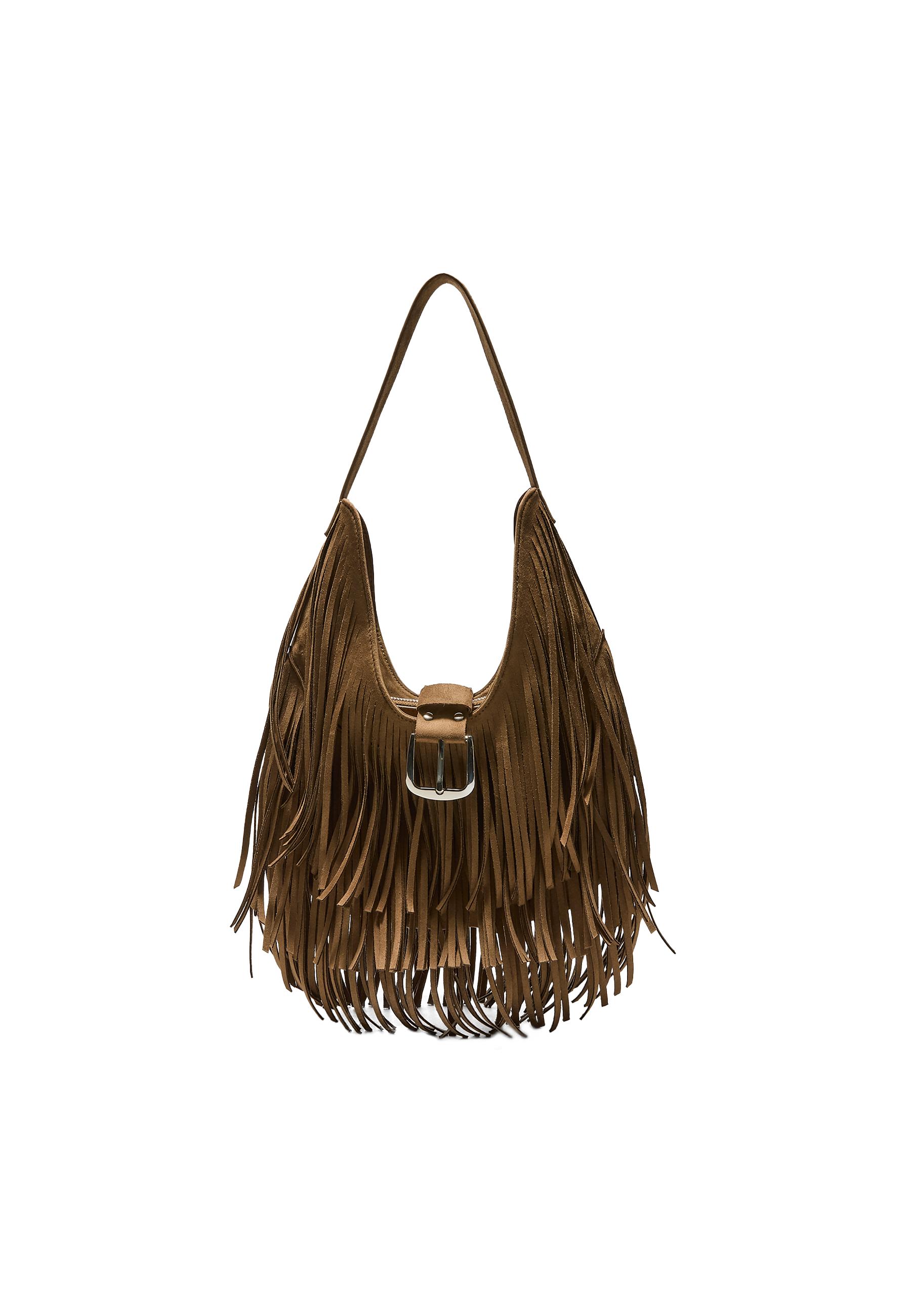 Shoulder bag with fringe and buckle detail — Caramel