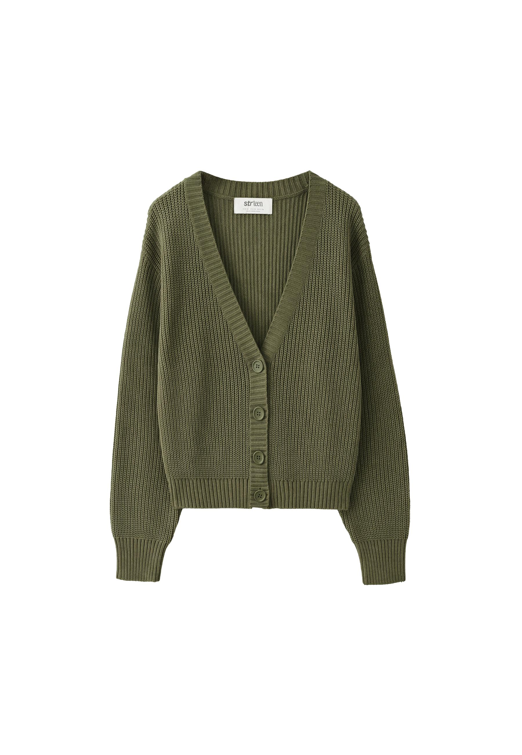 V-neck knit cardigan — Khaki