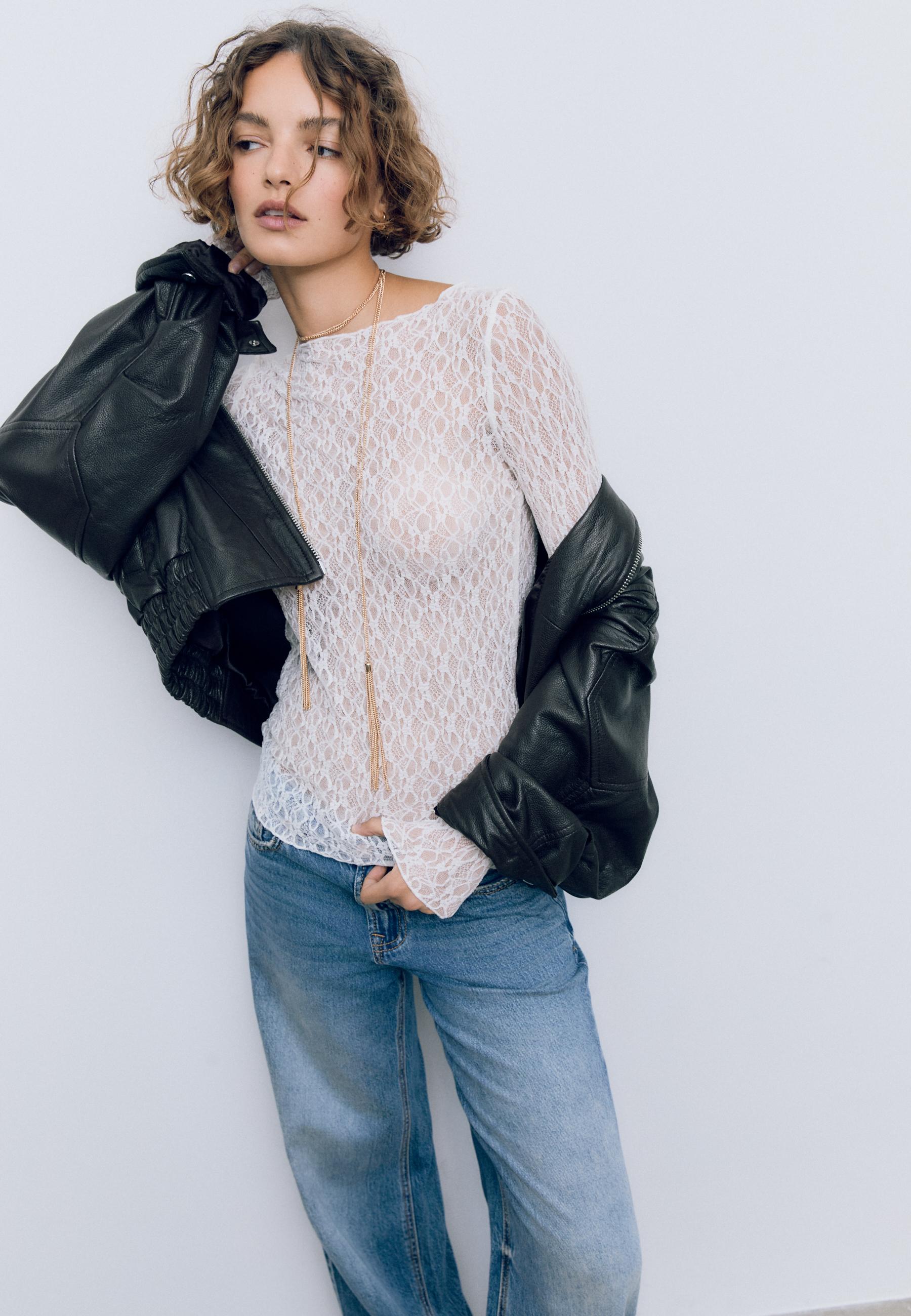 Long sleeve lace T-shirt — Ecru