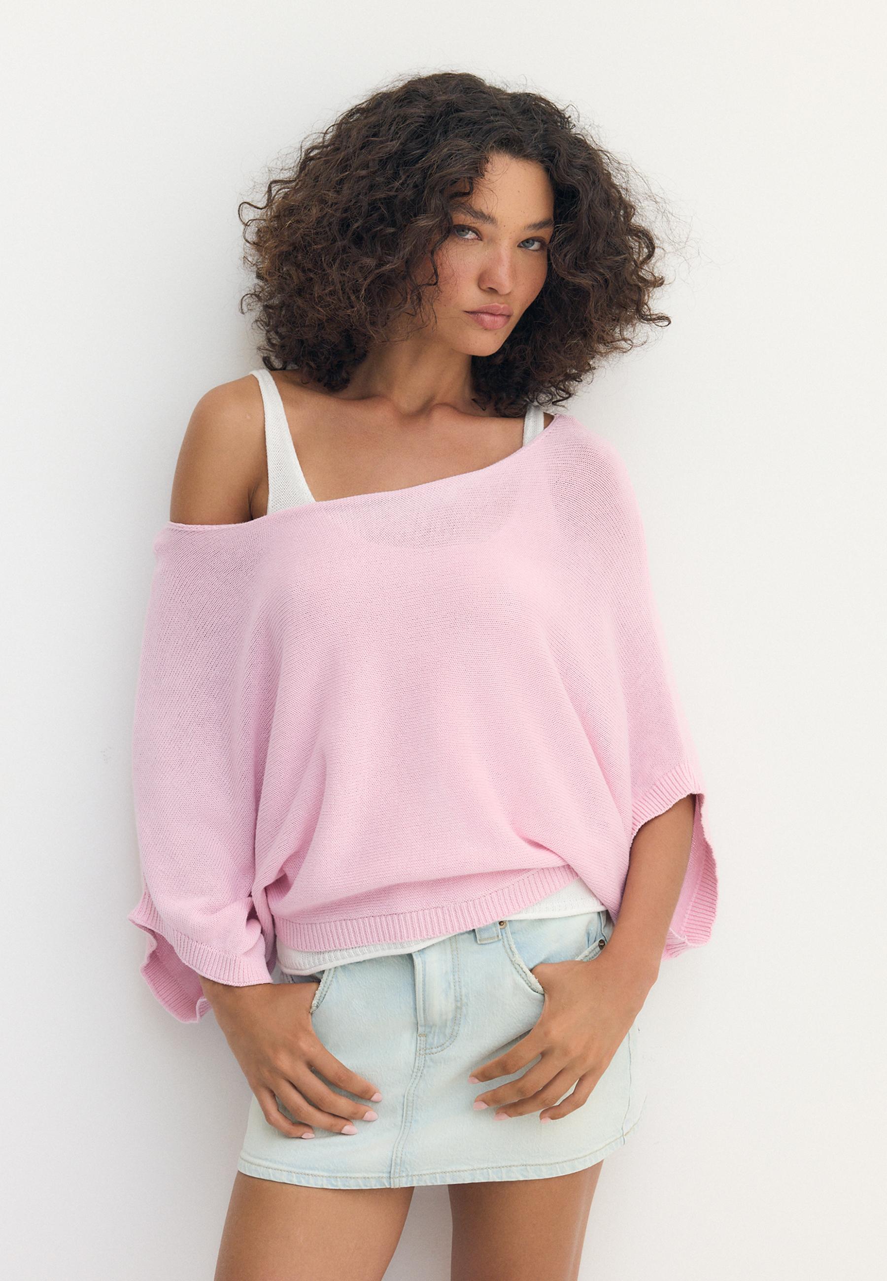 Boat neck knit jumper with overlay — Pastel pink