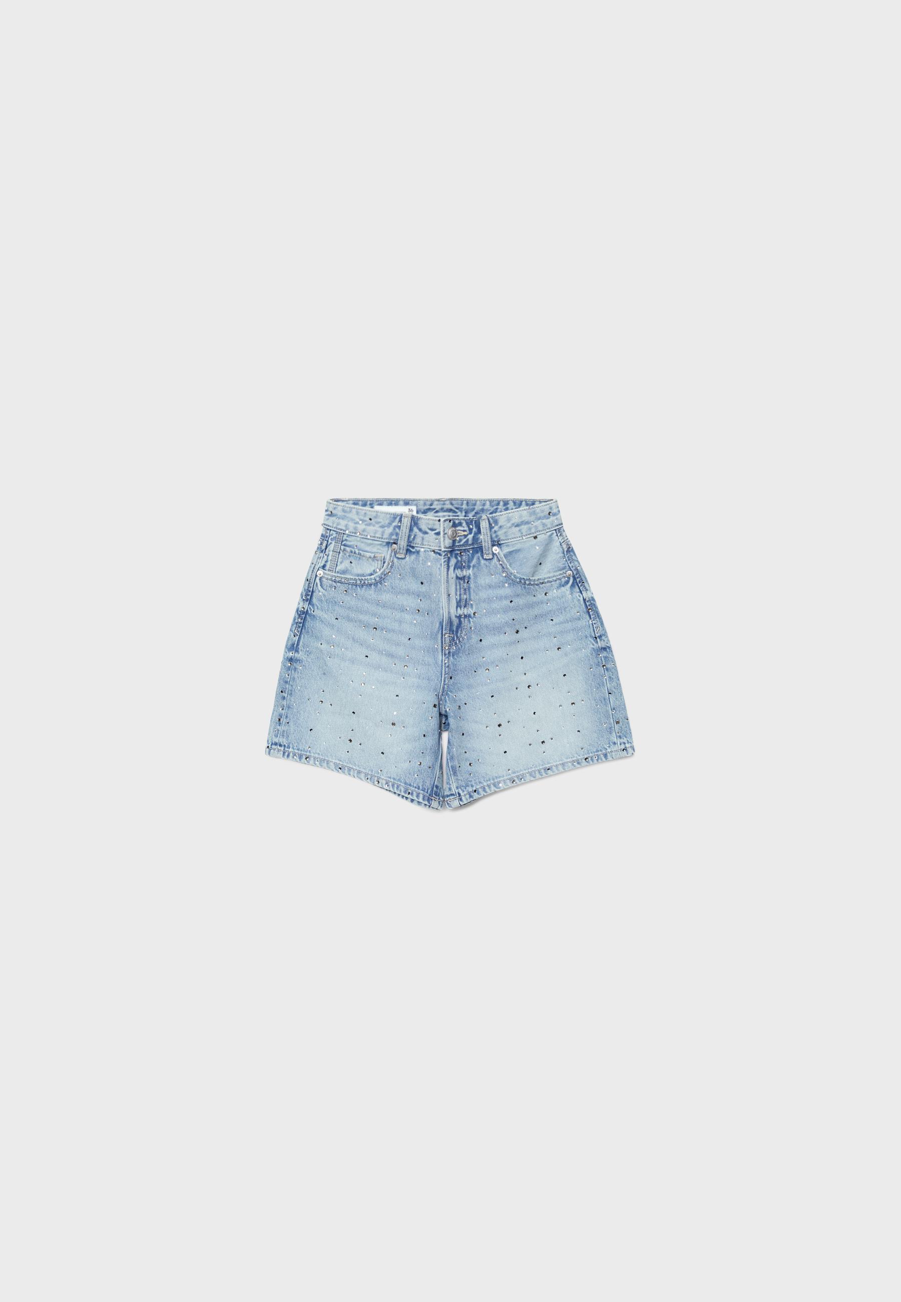 Denim Bermuda shorts with rhinestones — MEDIUM LIGHT BLUE DENIM