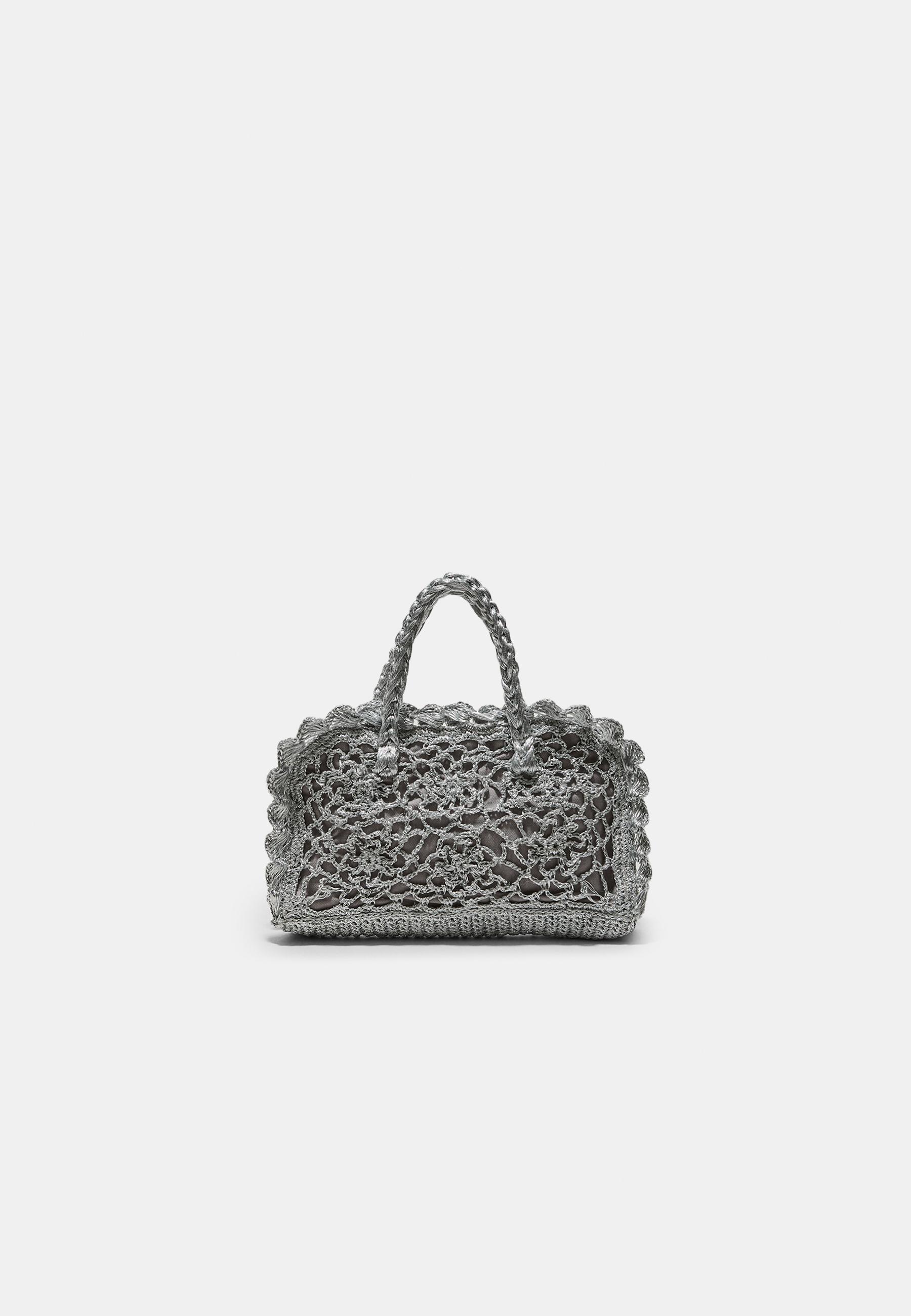Stradivarius Τσάντα Tote Κροσέ Μεταλλιζέ Νήμα Γκρι Os