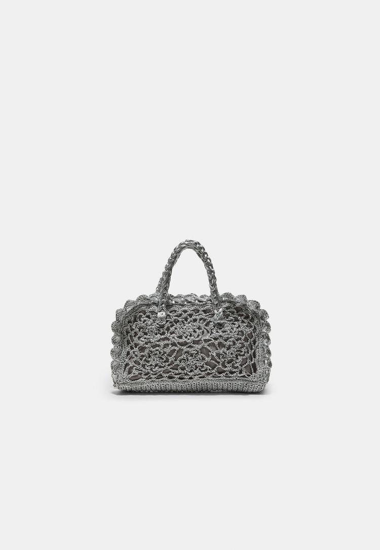 Stradivarius Τσάντα Tote Κροσέ Μεταλλιζέ Νήμα Γκρι Os