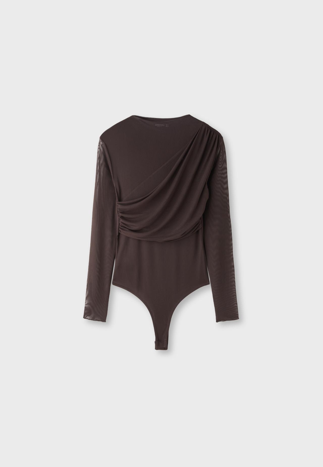 Long sleeve mesh draped bodysuit — Brown