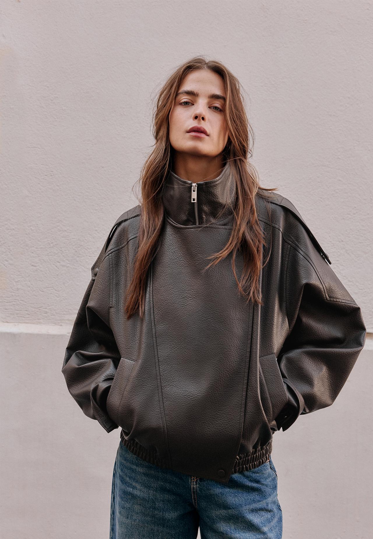 Oversize leather effect biker jacket — Brown