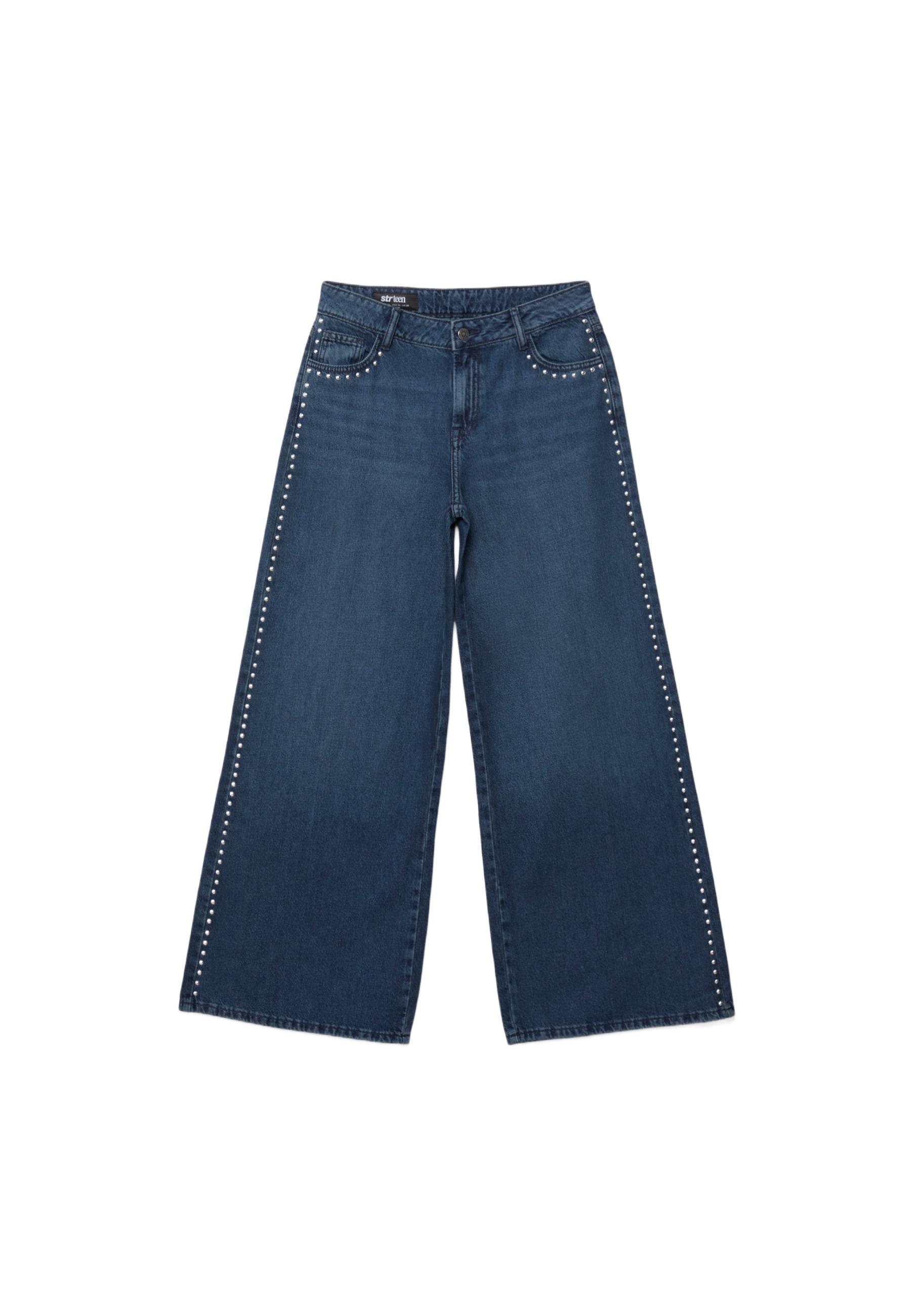 Wide-leg jeans with heart studs — BLACK DENIM WASHED EFFECT