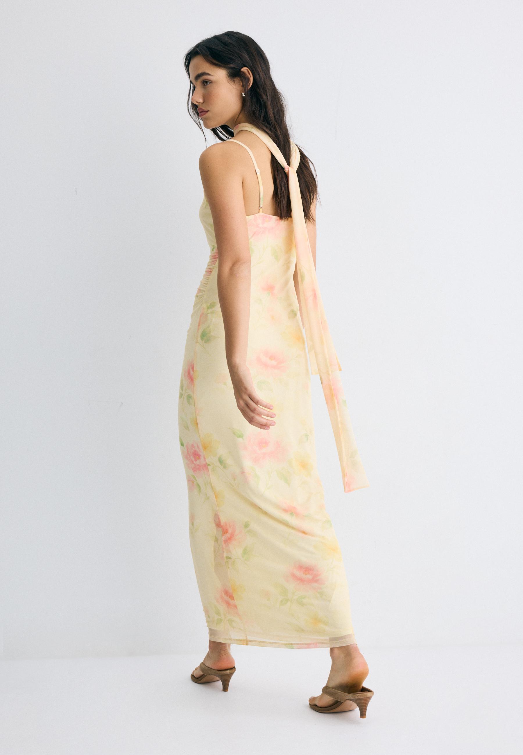 Printed tulle midi dress with scarf — Gold