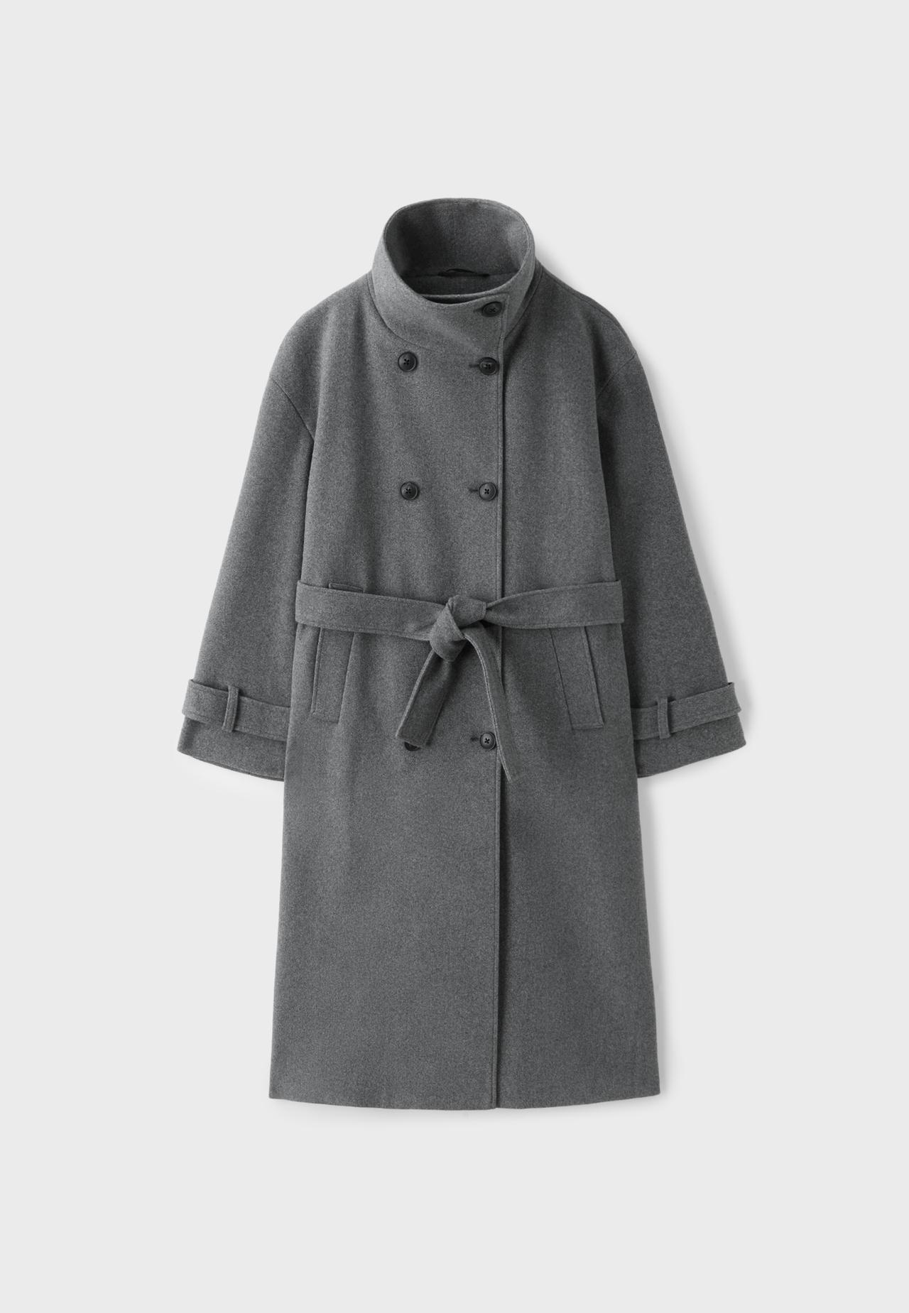Soft-touch high neck long coat — Dark grey