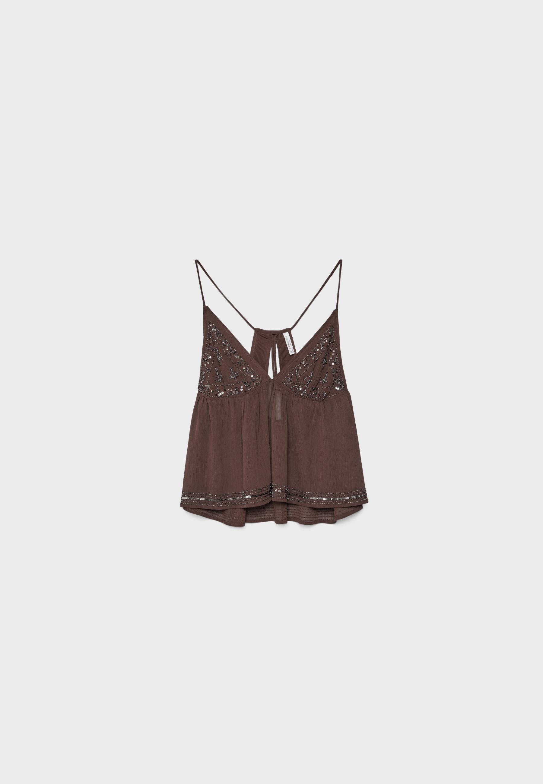 Embroidered strappy top — Brown