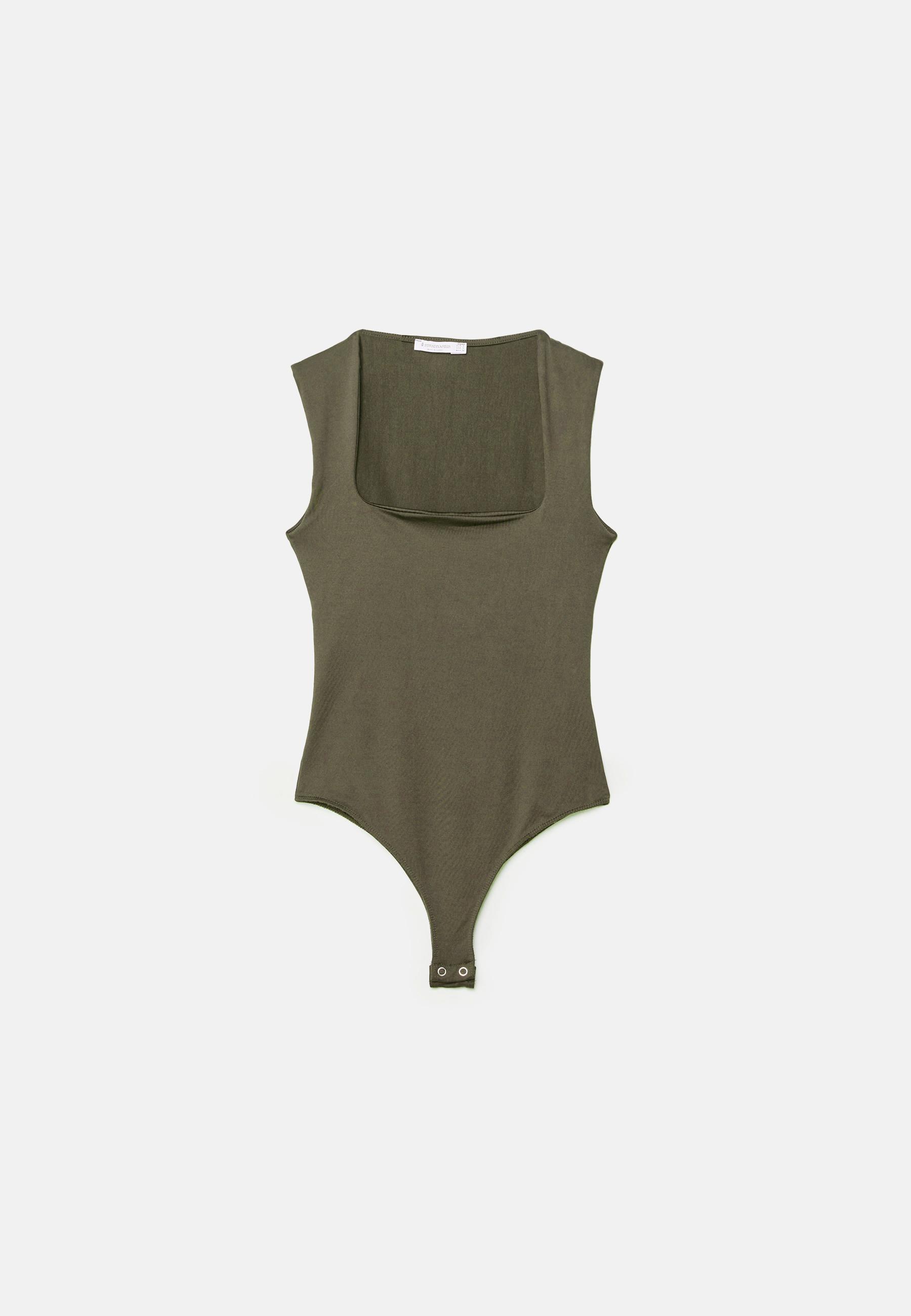 Polyamide square neckline bodysuit — Khaki