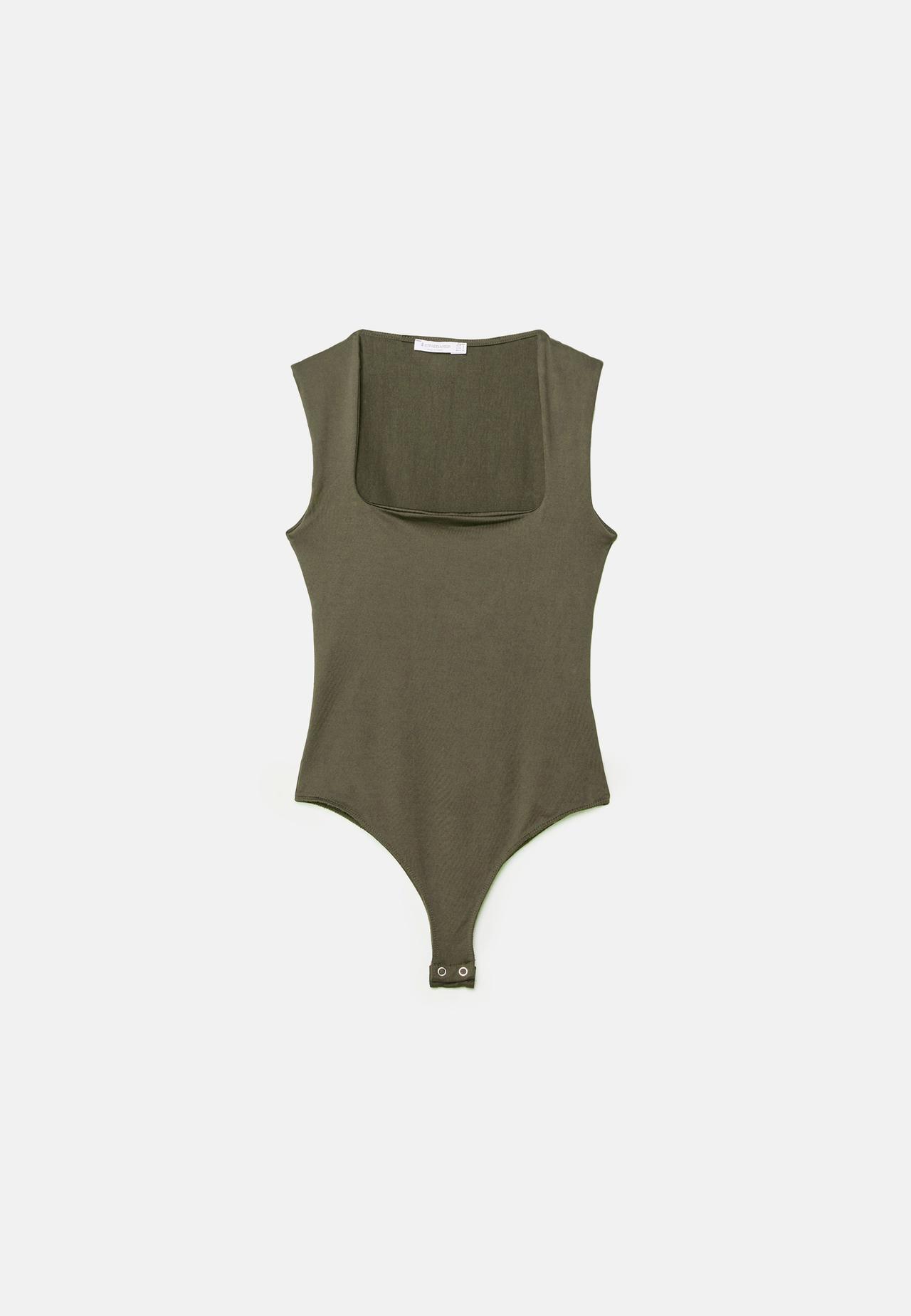 Polyamide square neckline bodysuit — Khaki