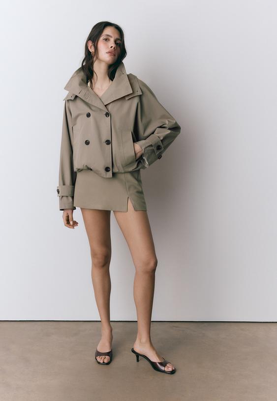 Stradivarius Short Puffer Trench Coat With Detachable Hood Beige Xs