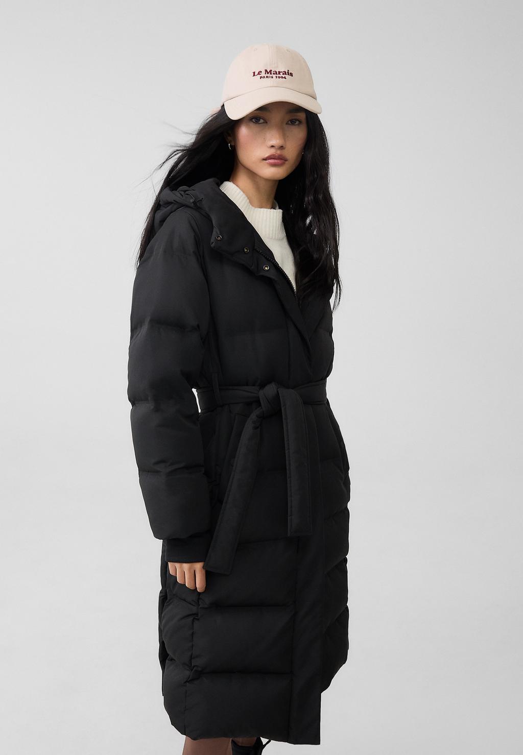 Long puffer down coat with belt