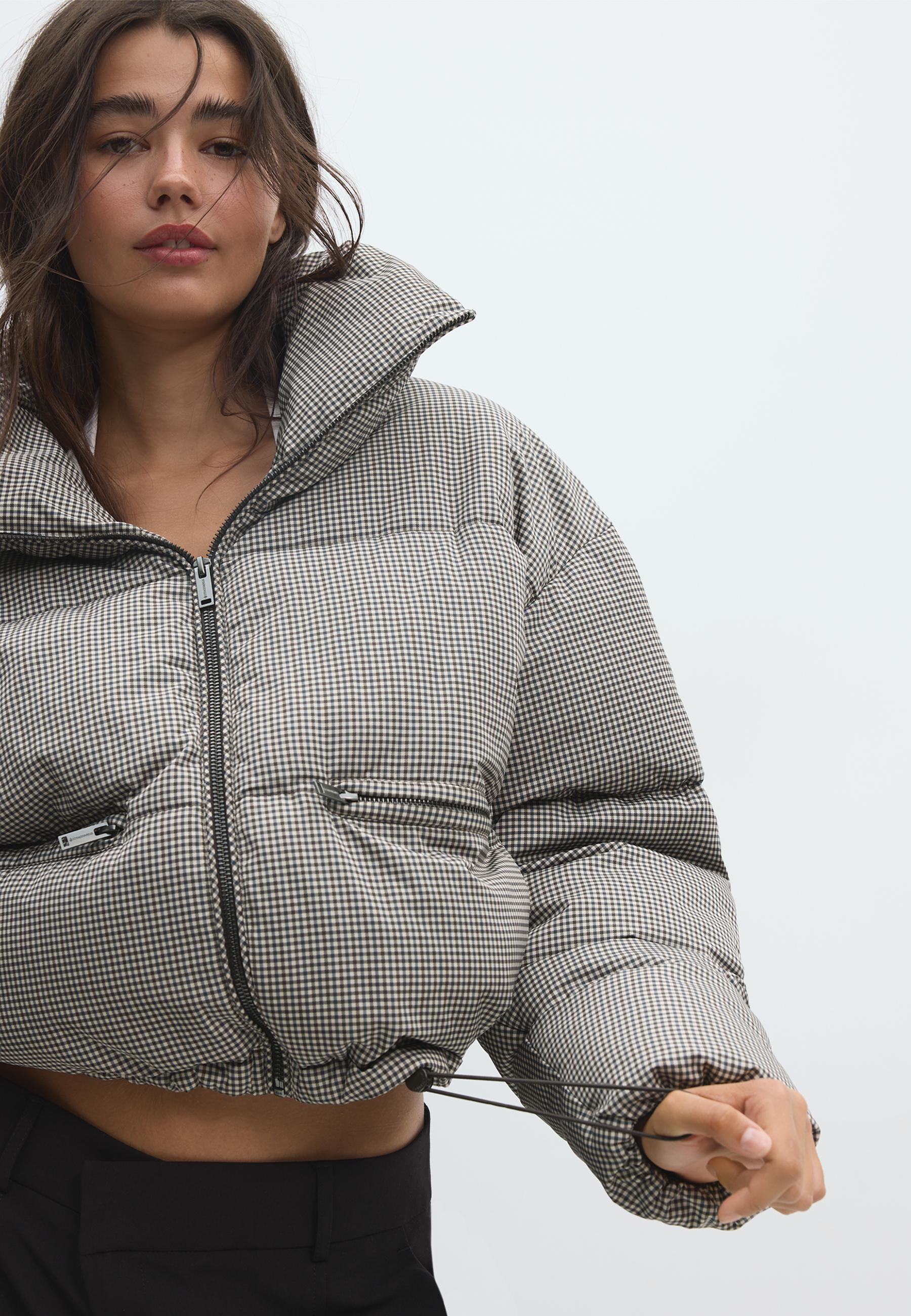 Check high-neck cropped padded jacket — Beige