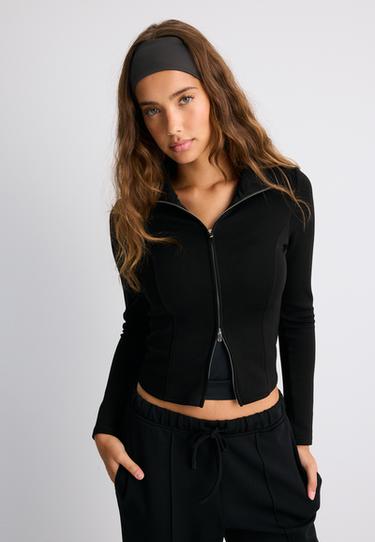 Soft-touch fitted zip-up sweatshirt — Black 1