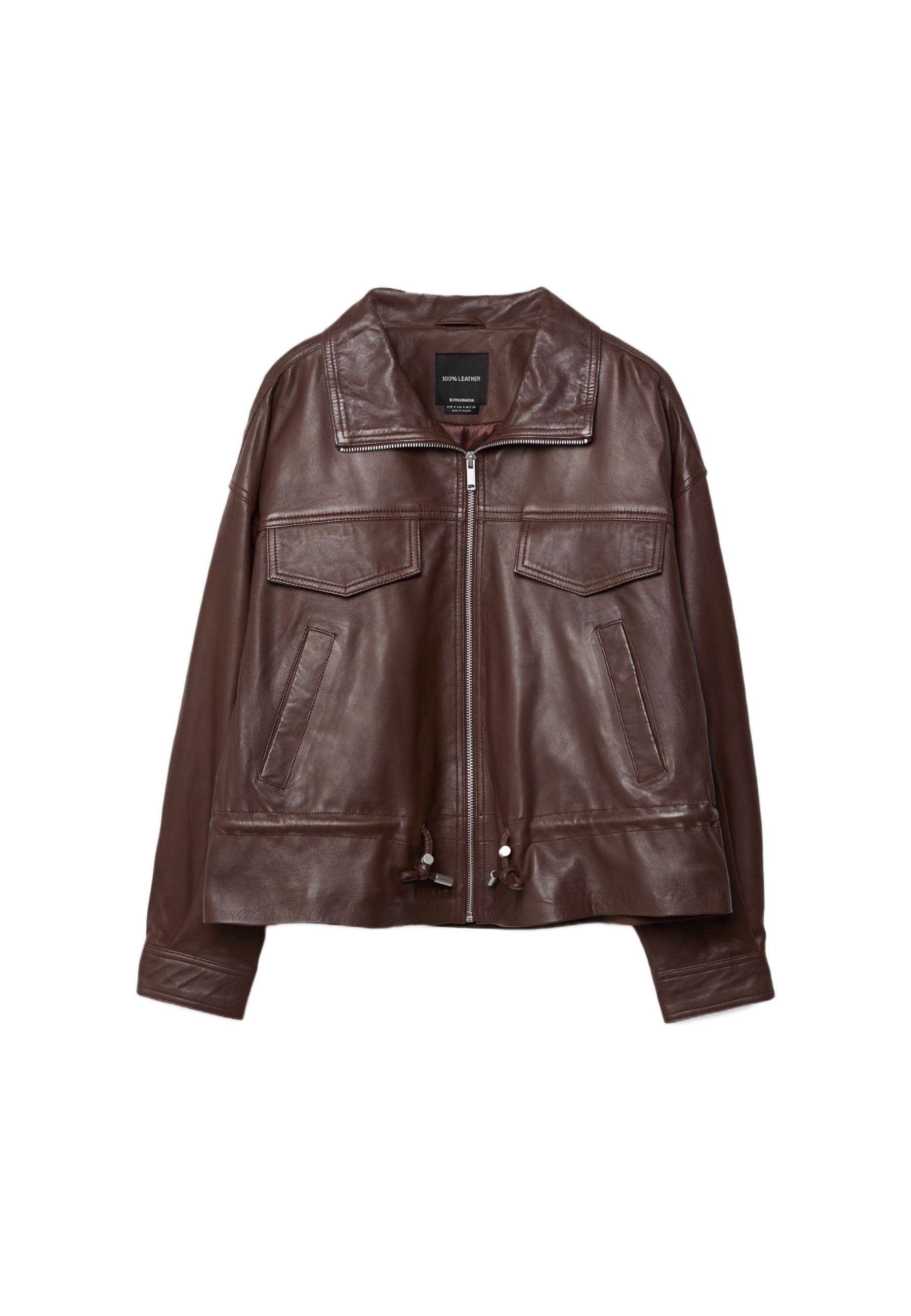 Leather jacket with pockets and adjustable waist — Brown