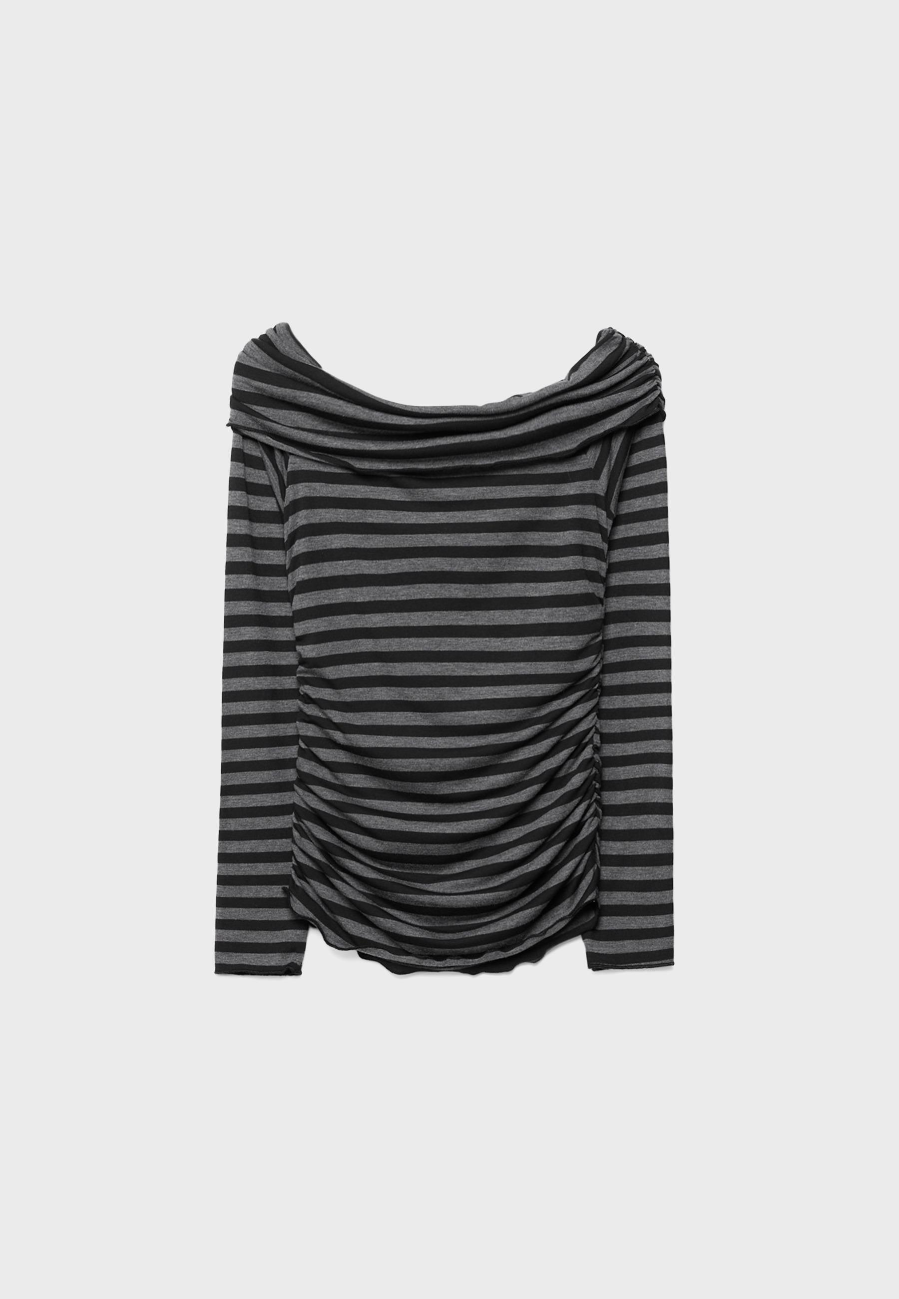 Striped Gathered Cold Shoulder T-shirt — Dark grey