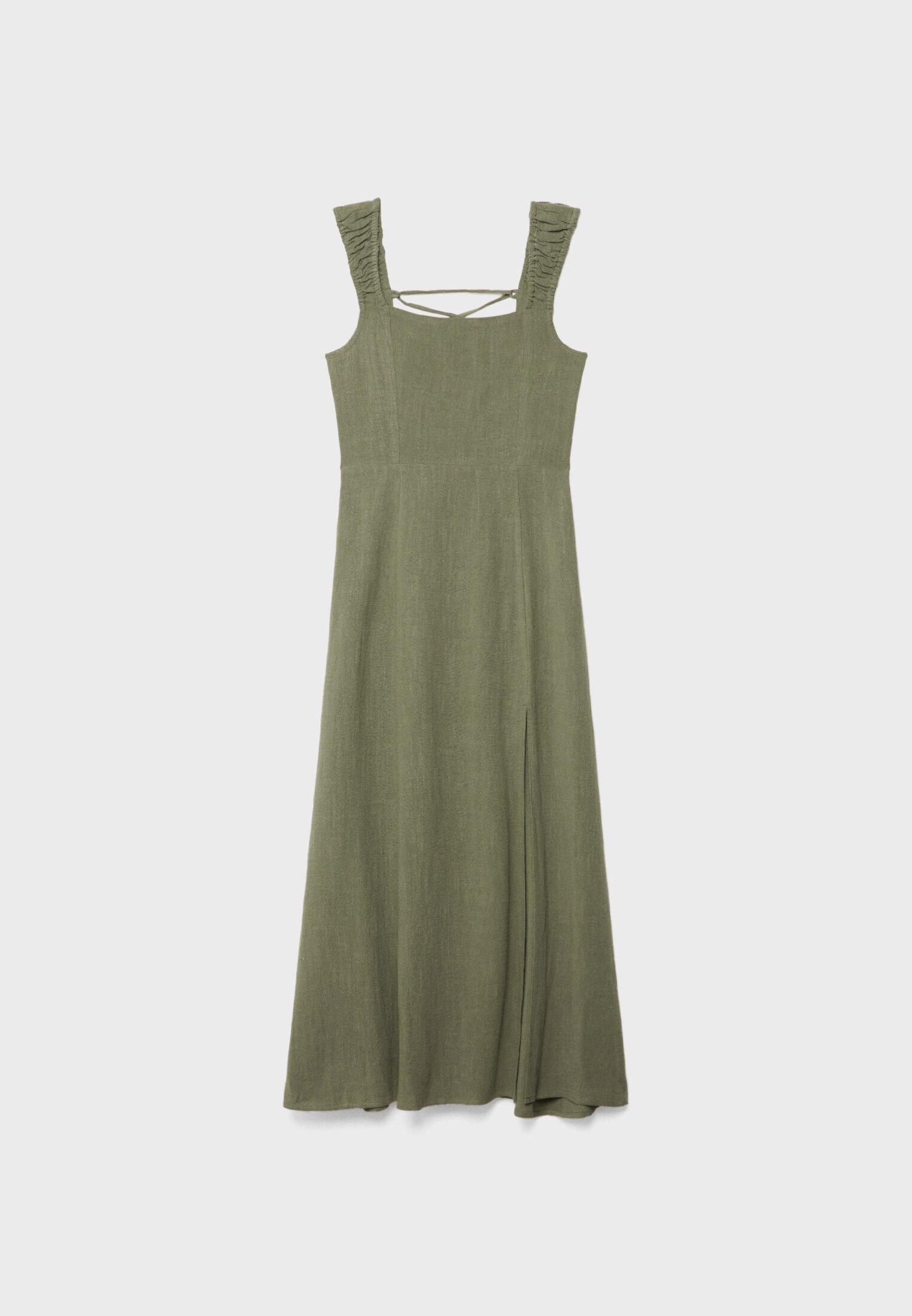 Linen-look cross-back midi dress — Khaki