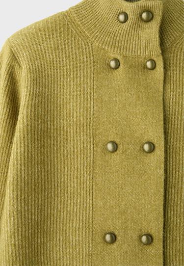 Double-breasted funnel neck knit jumper — Olive green 9