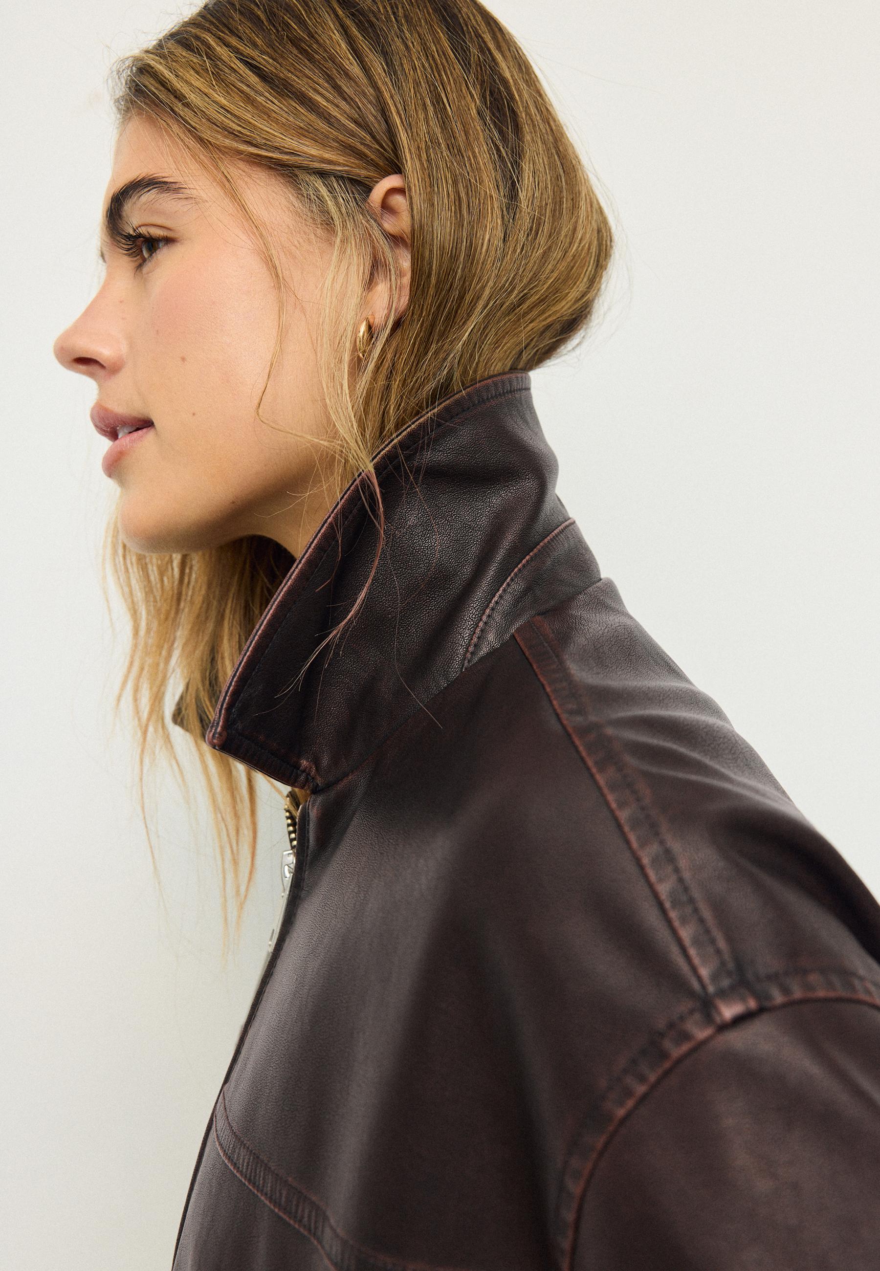 Washed leather effect oversize jacket — Brown