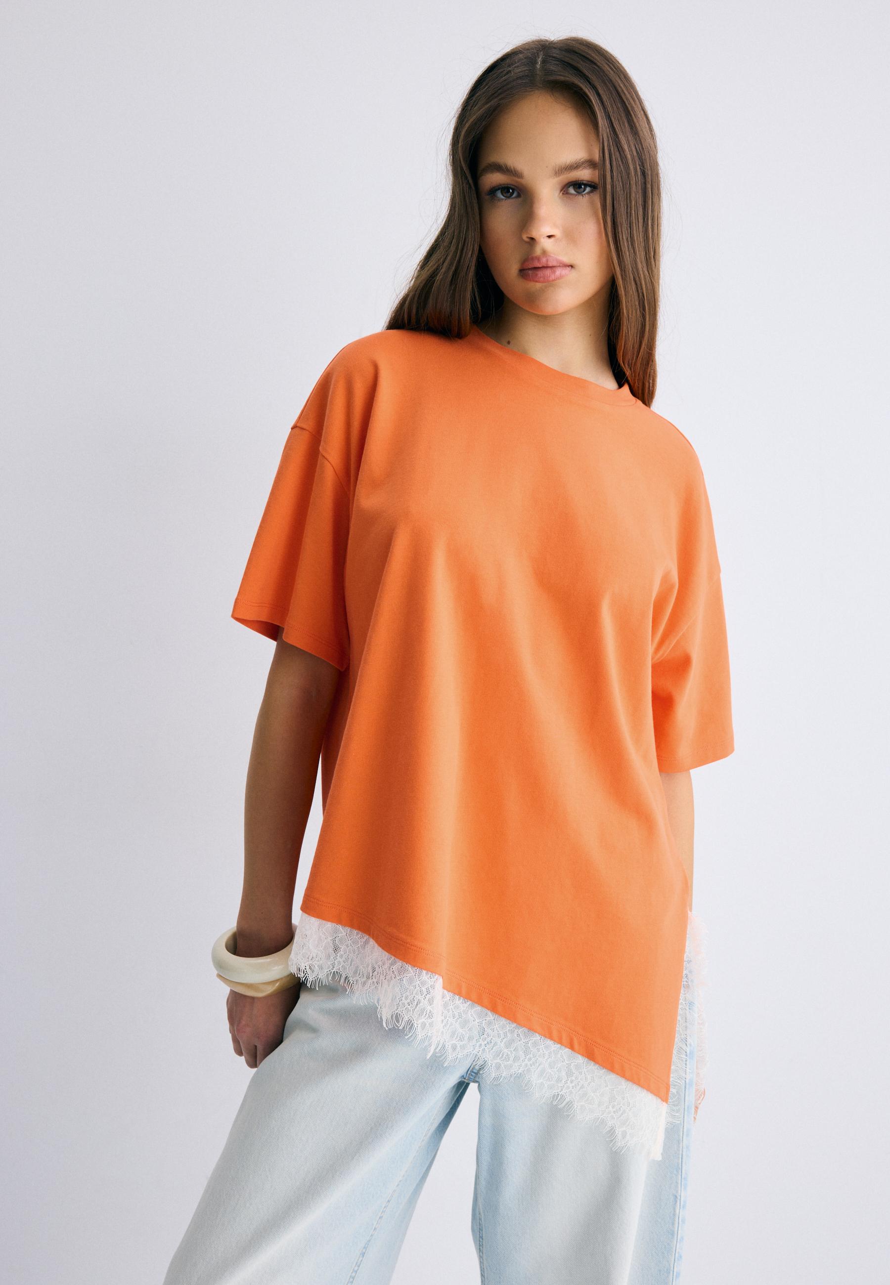 Lace hem short sleeve T-shirt — Orange