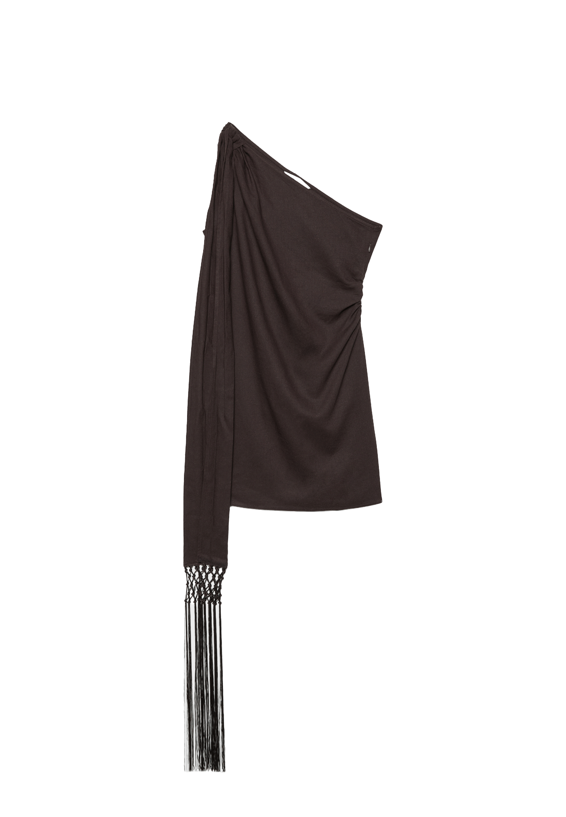 Short asymmetric dress with fringing — Brown