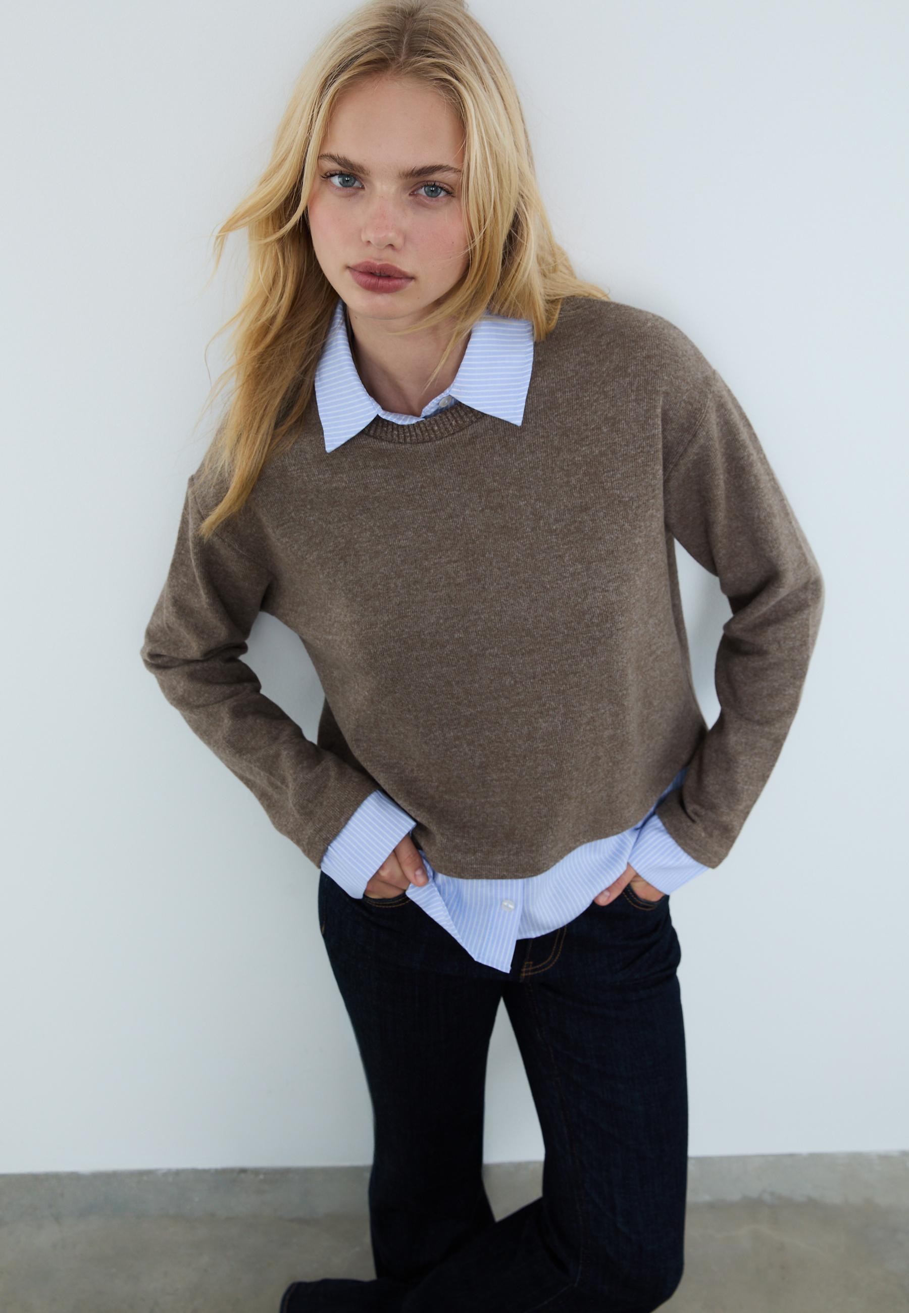 Bi-material knit T-shirt — Brown