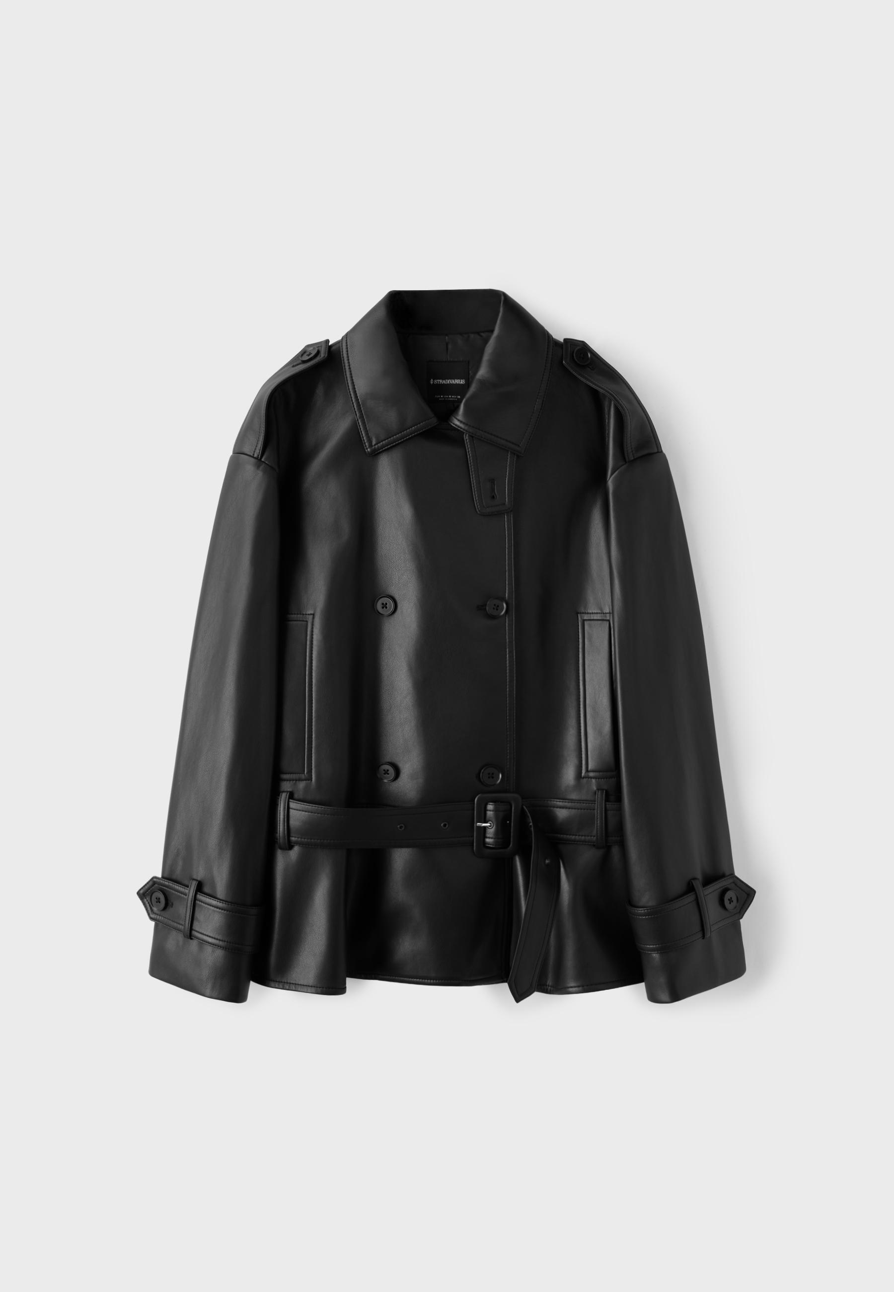 Fitted leather effect trench coat — Black