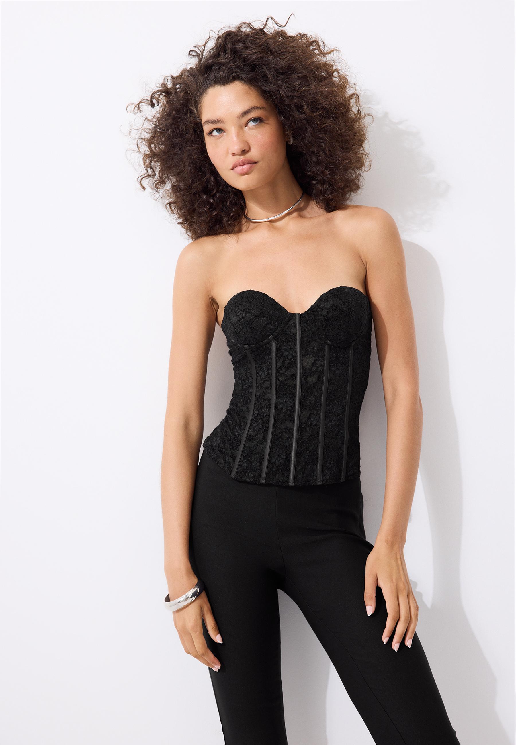 Lace corset top with stays — Black