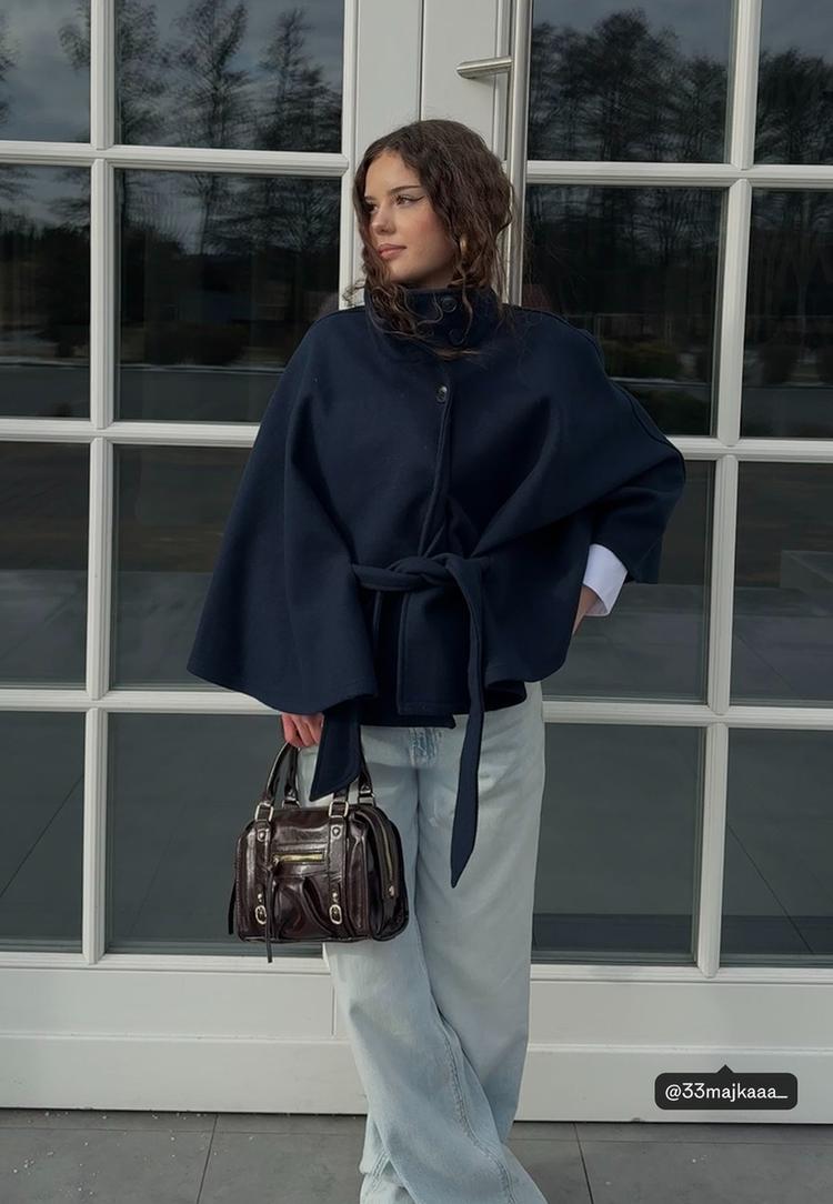 Stradivarius Τζάκετ Κάπα Με Απαλή Υφή Σκούρο Μπλε M-L