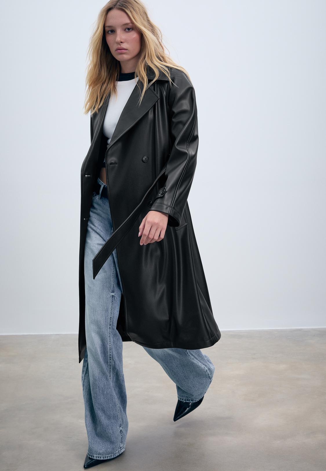 Mantel Trenchcoat Aus Lederimitat Langer Trenchcoat Aus Kunstleder
