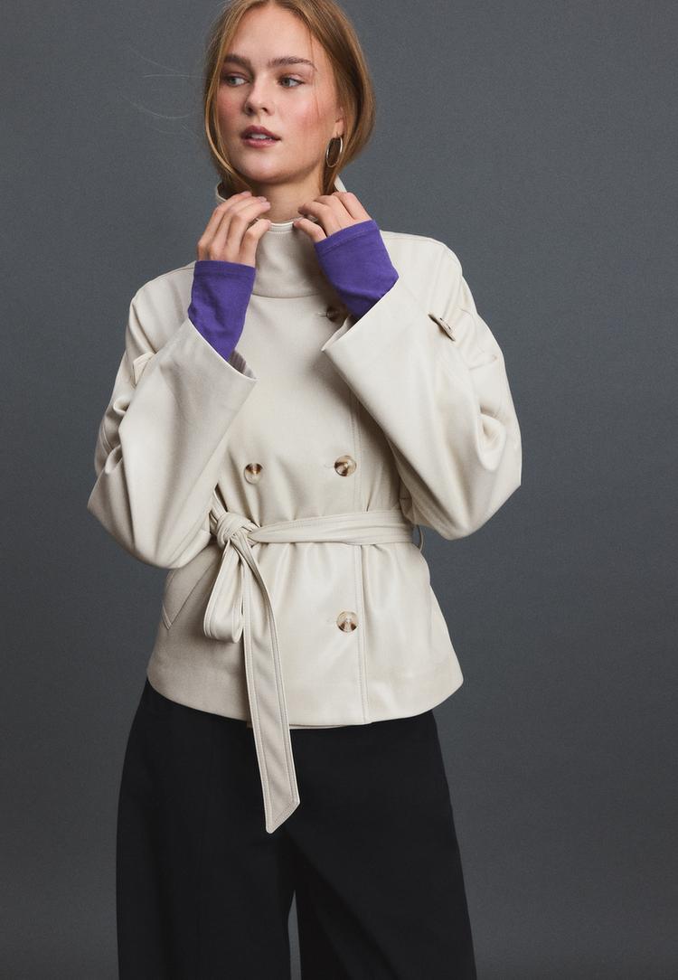 High neck leather effect trench coat — Ecru
