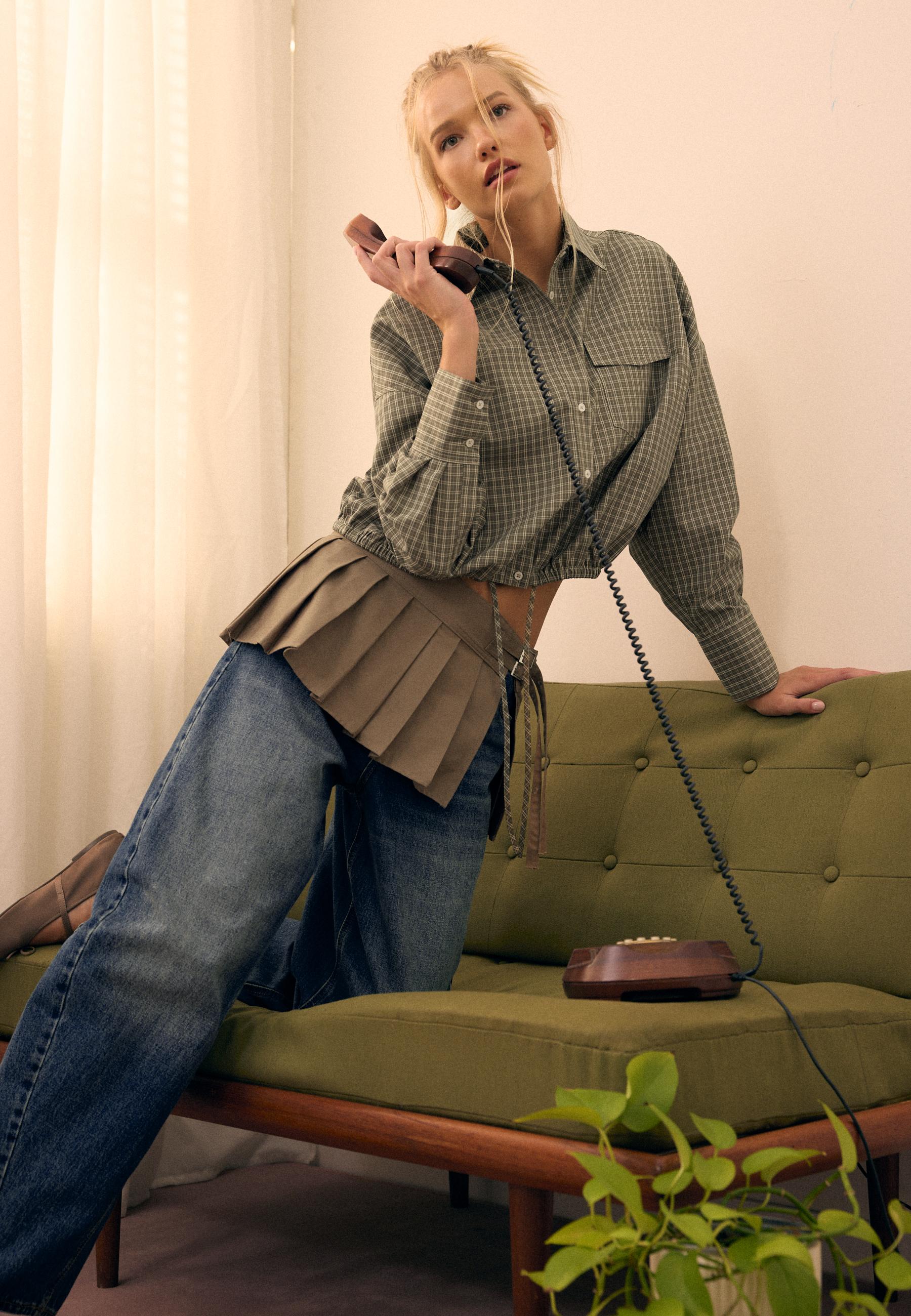 Checked balloon shirt — Khaki