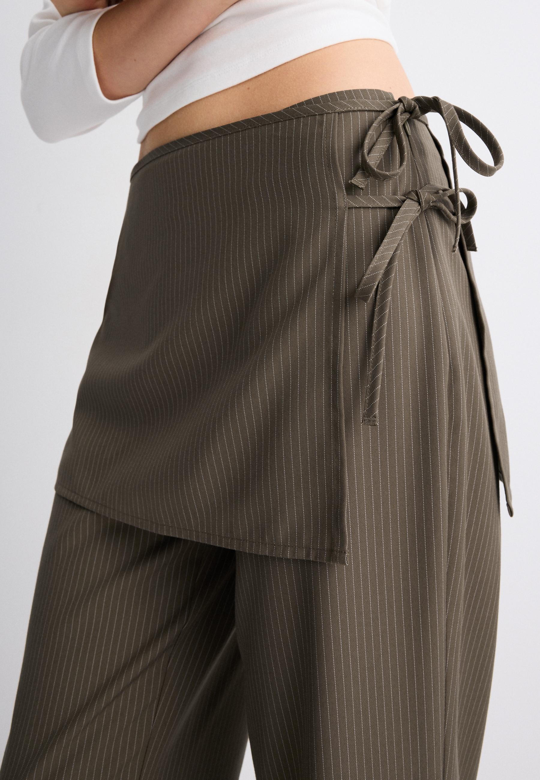 Striped straight-leg trousers with skirt overlay — Khaki