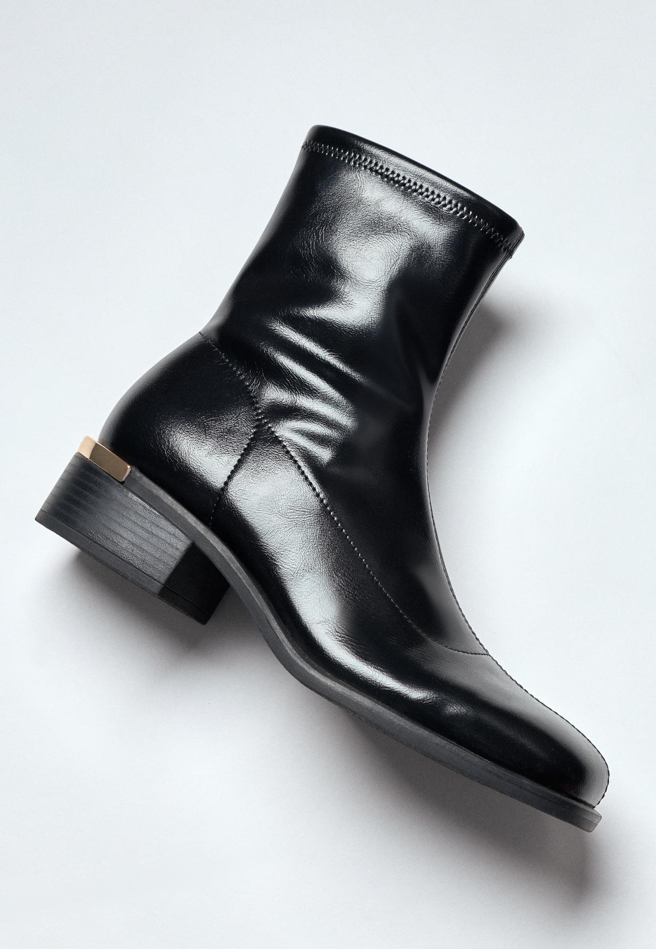 Stretch leather effect flat ankle boots — BLACK
