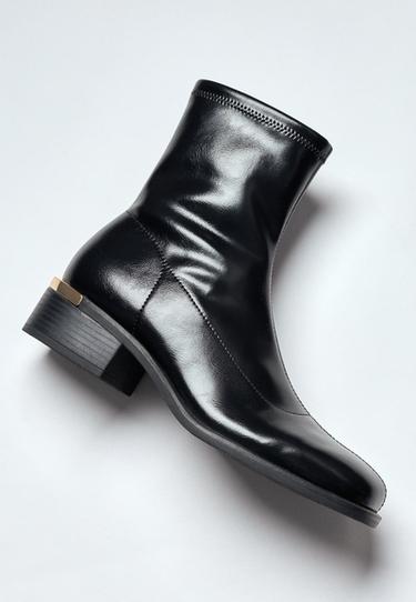 Stretch leather effect flat ankle boots — BLACK  1